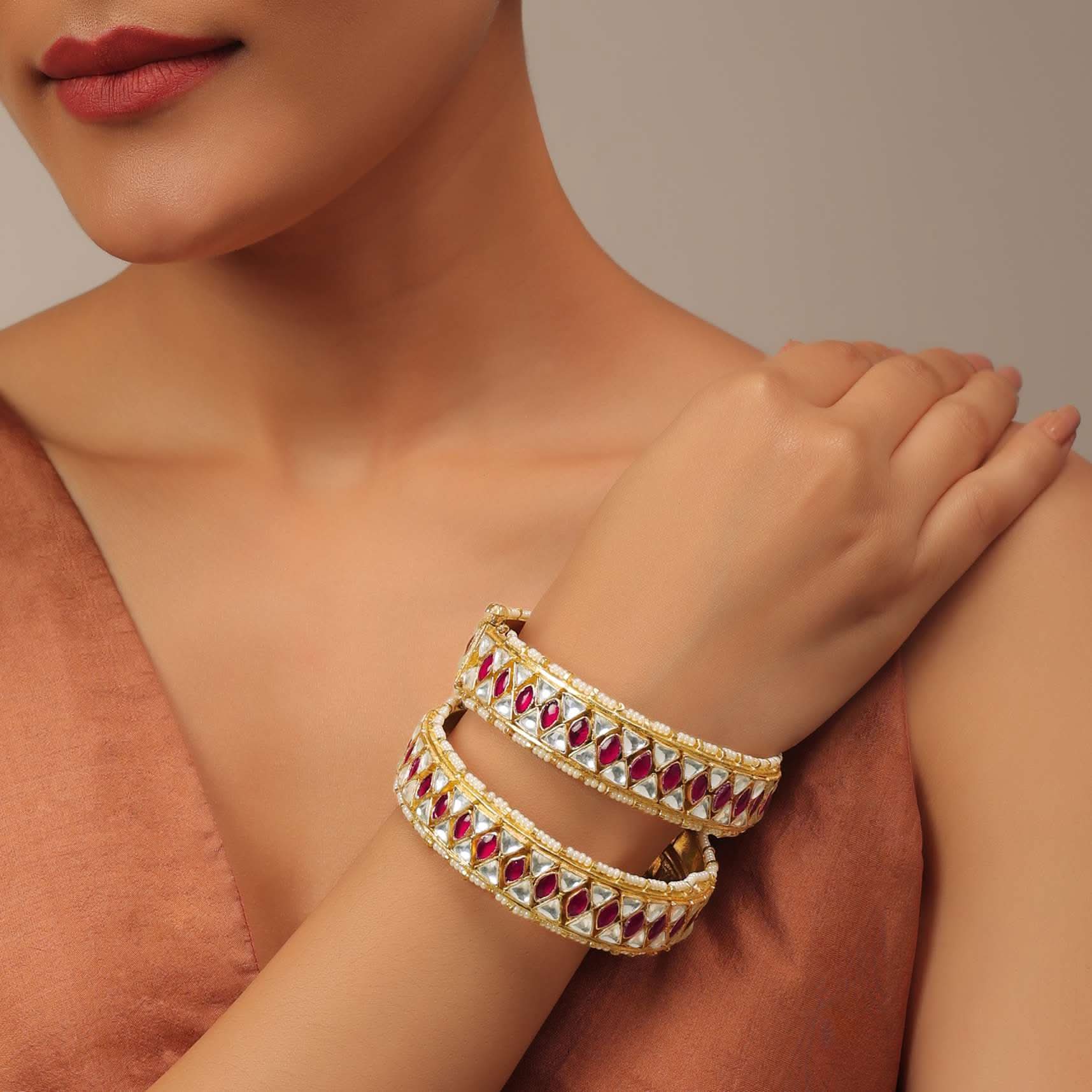 Gold Finished Kundan Polki Bangles - Image 2
