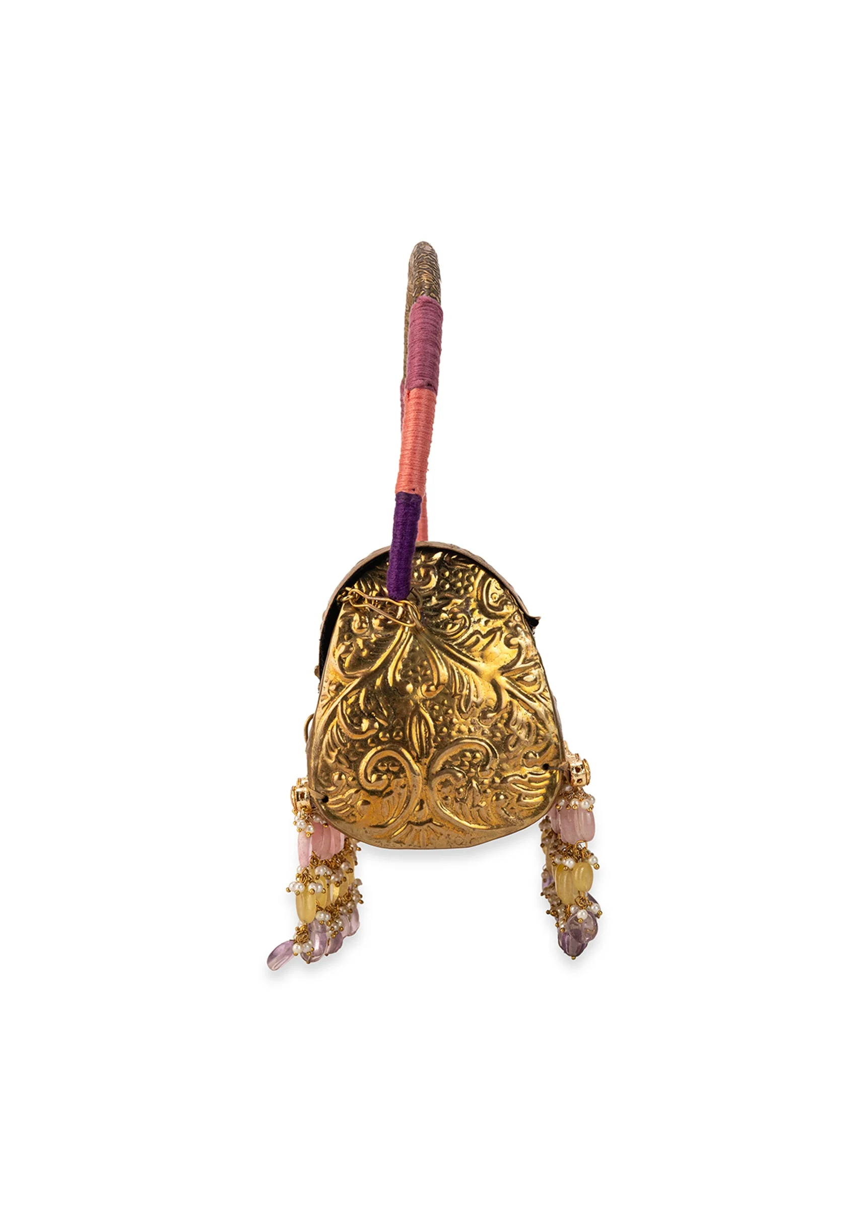 Gold Floral Engraved Bead Tassel Metal Bag - Image 4