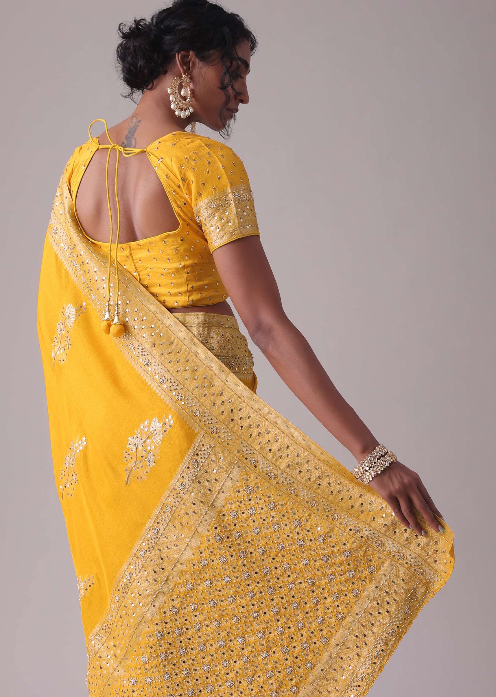 Gold Fusion Yellow Embroidered Saree In Khadi Silk - Image 4