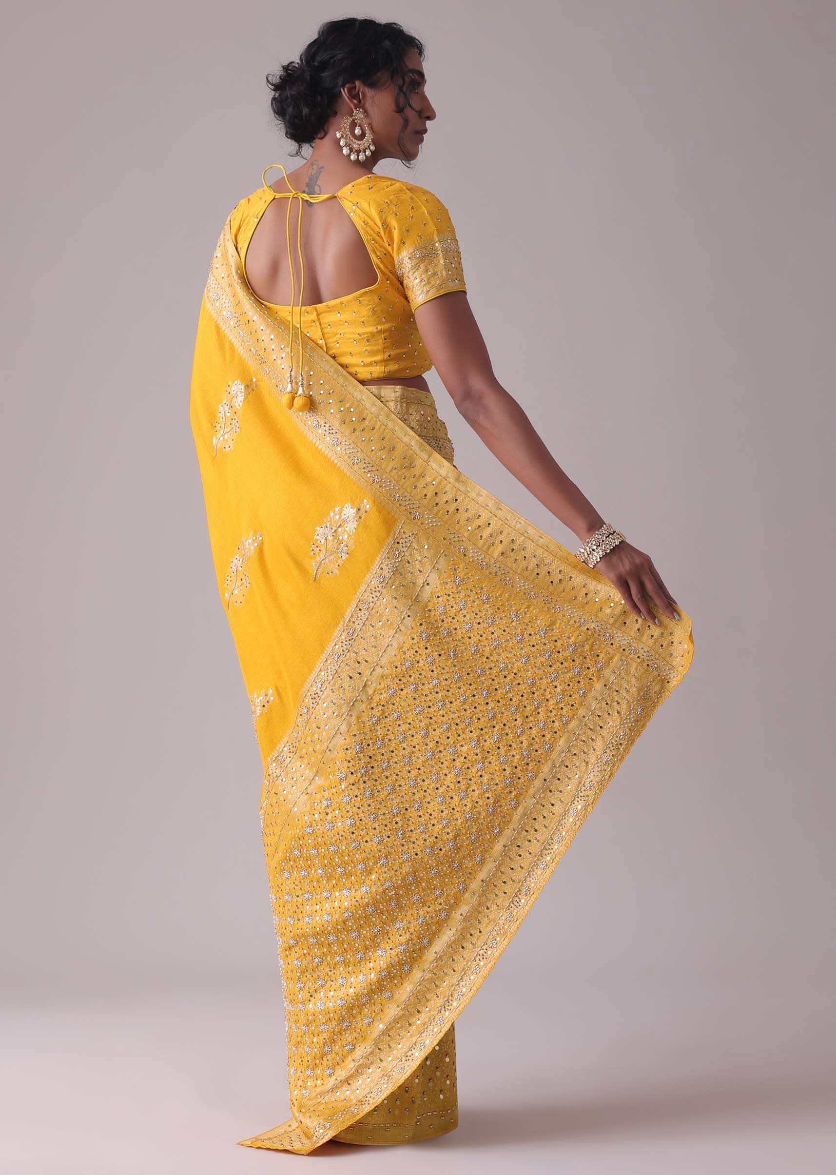Gold Fusion Yellow Embroidered Saree In Khadi Silk - Image 6