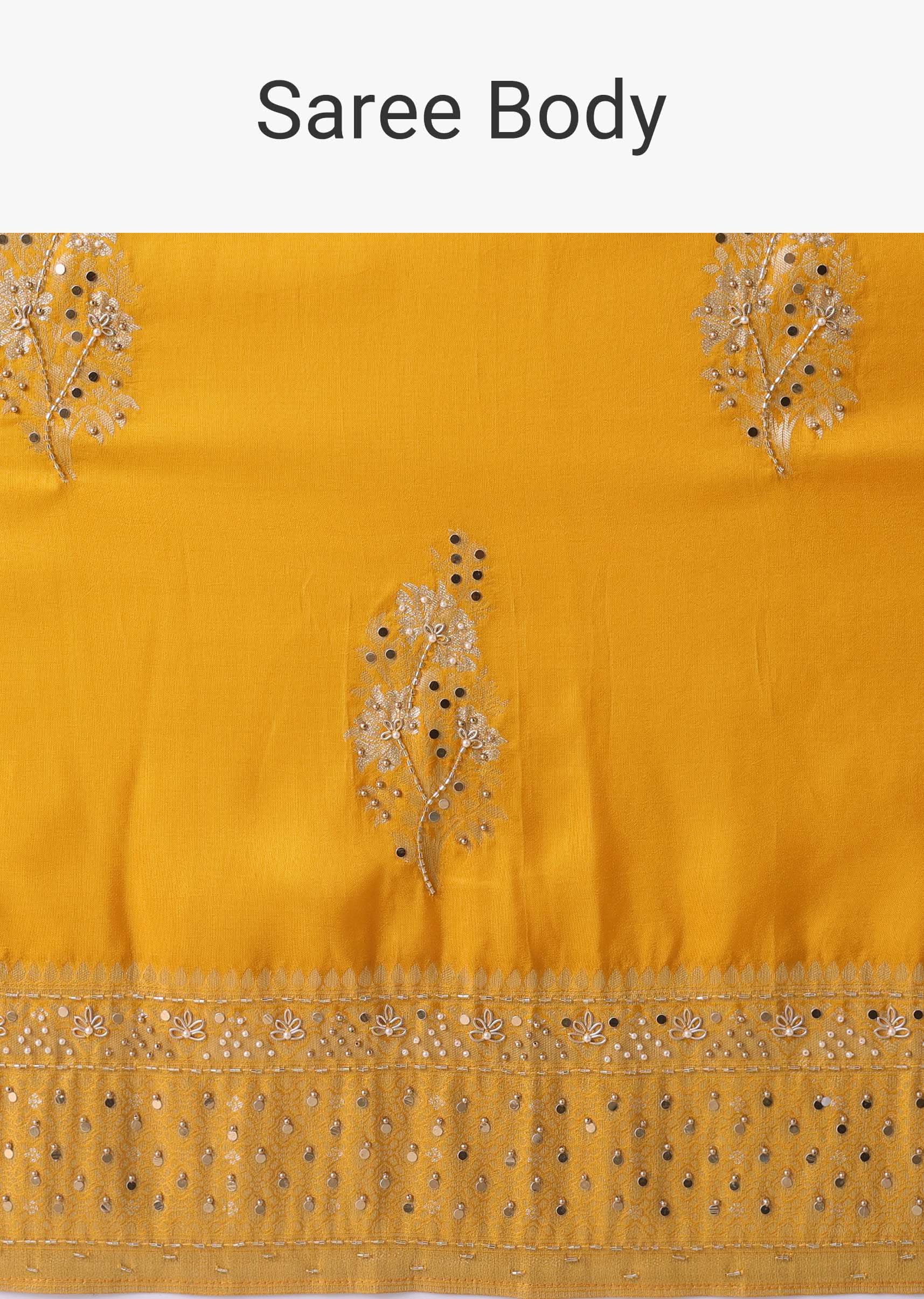 Gold Fusion Yellow Embroidered Saree In Khadi Silk - Image 7