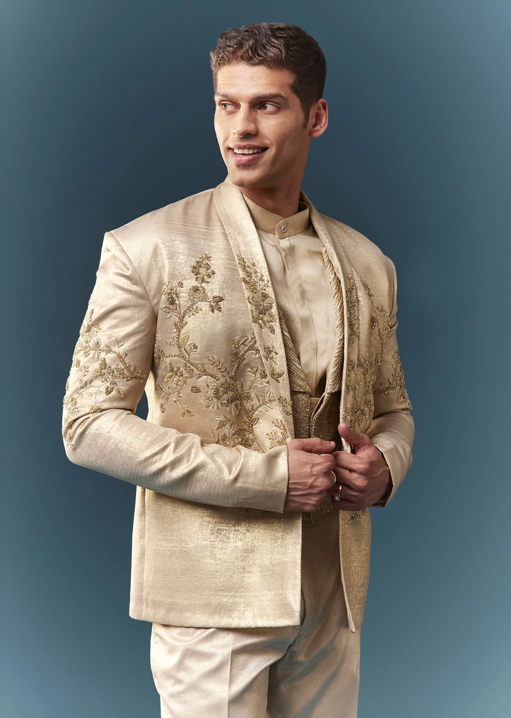 Gold Hand Embroidered Blazer And Waistcoat Set - Image 4