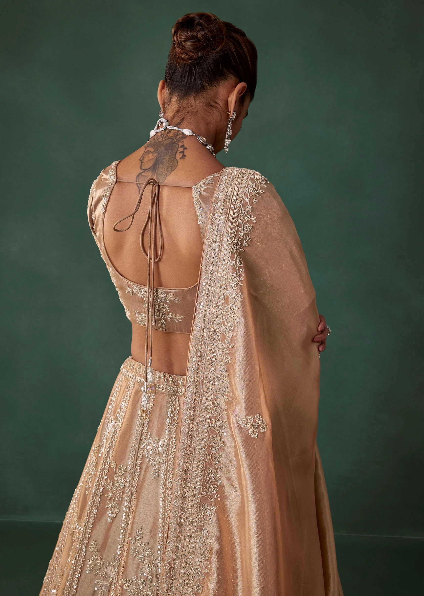 Gold Hand Embroidered Bridal Lehenga Set in Satin - Image 6