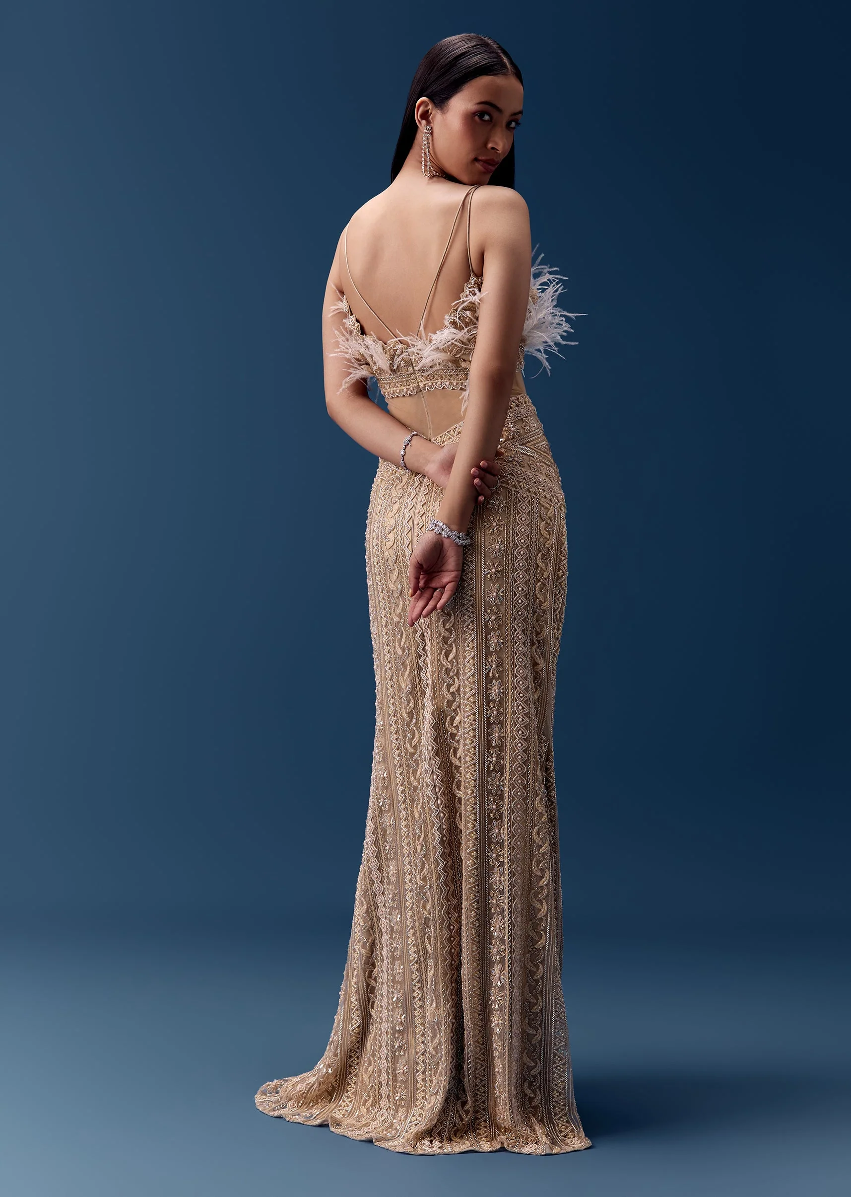 Gold Hand Embroidered Feather Detail Gown - Image 2