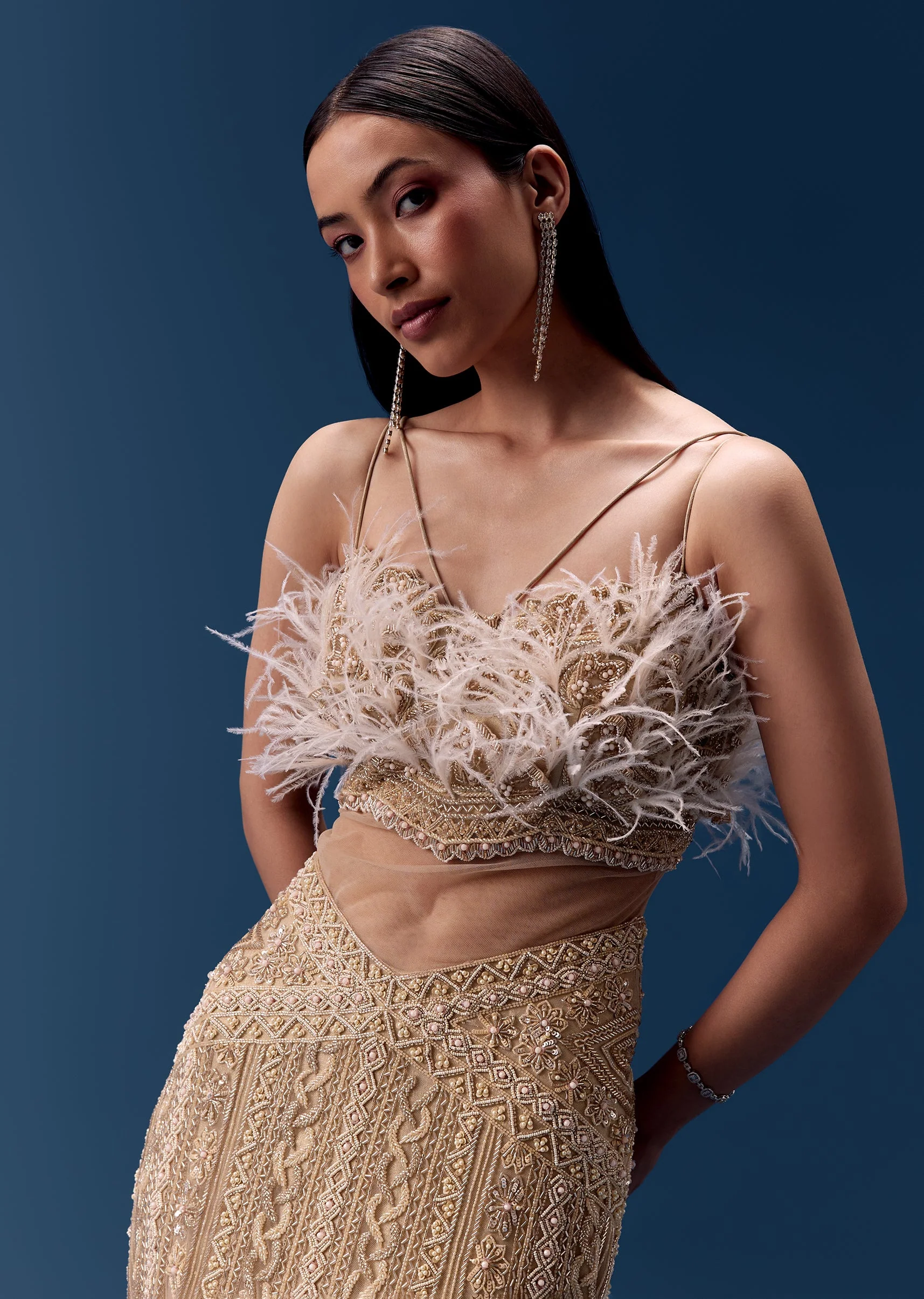 Gold Hand Embroidered Feather Detail Gown - Image 3