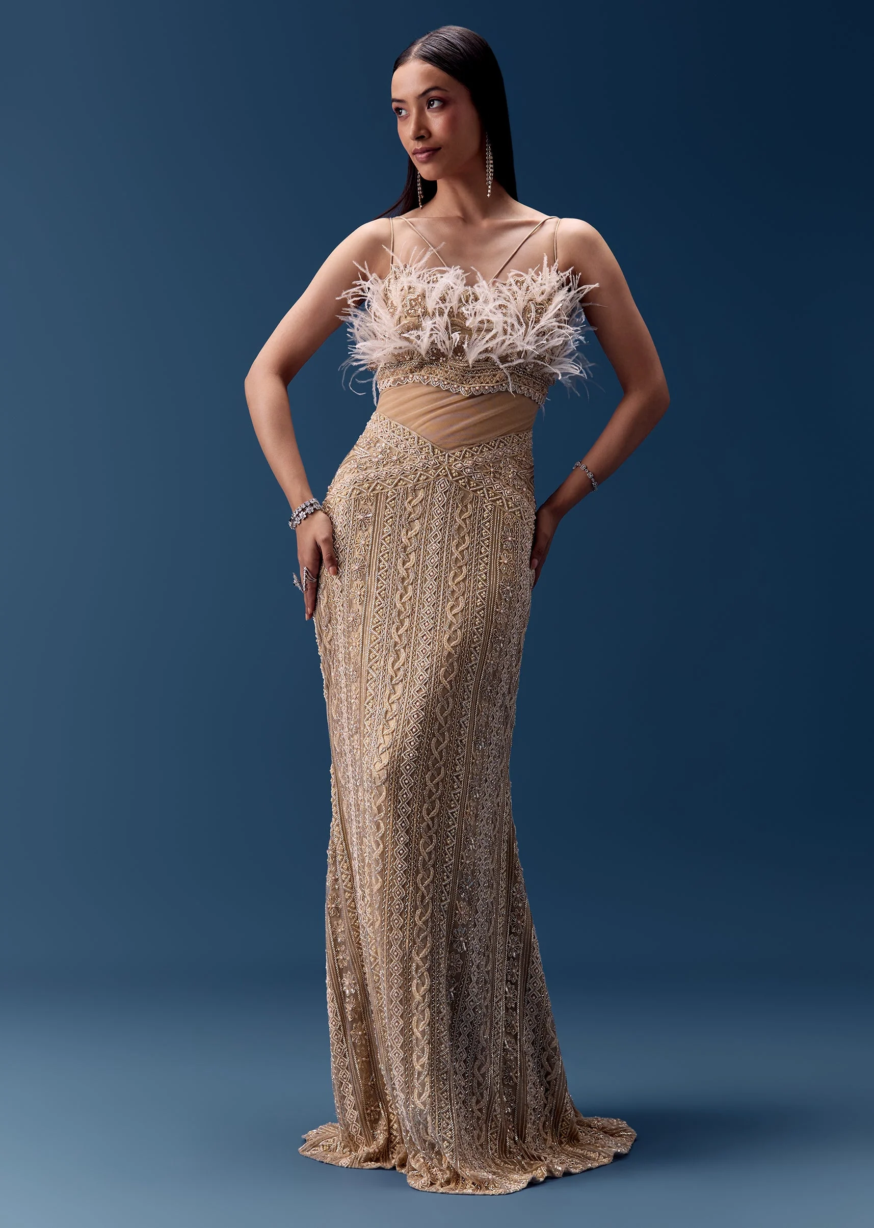 Gold Hand Embroidered Feather Detail Gown - Image 4