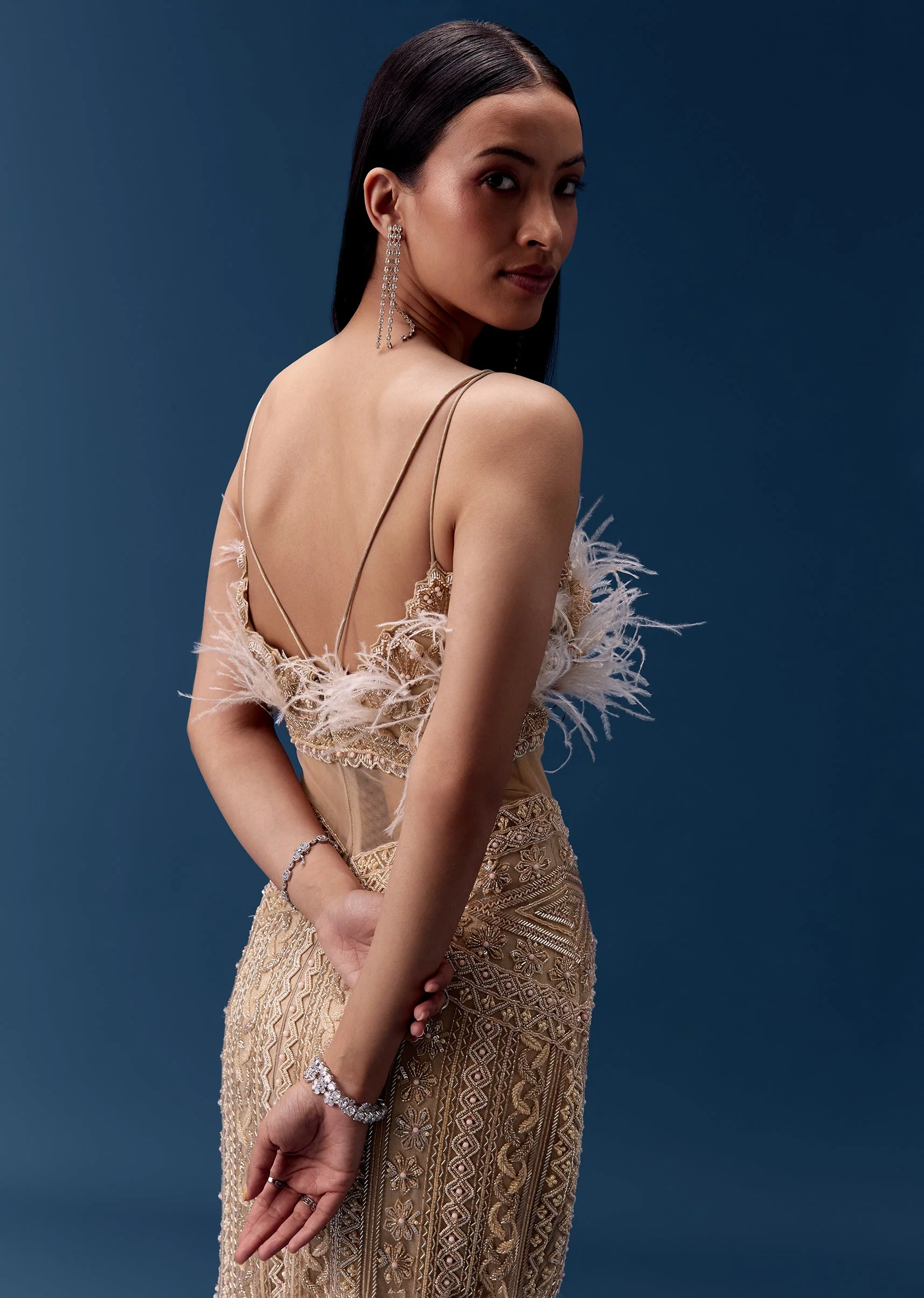Gold Hand Embroidered Feather Detail Gown - Image 5