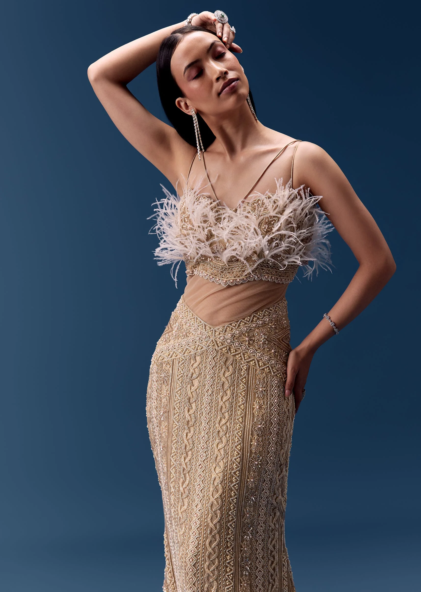 Gold Hand Embroidered Feather Detail Gown - Image 6