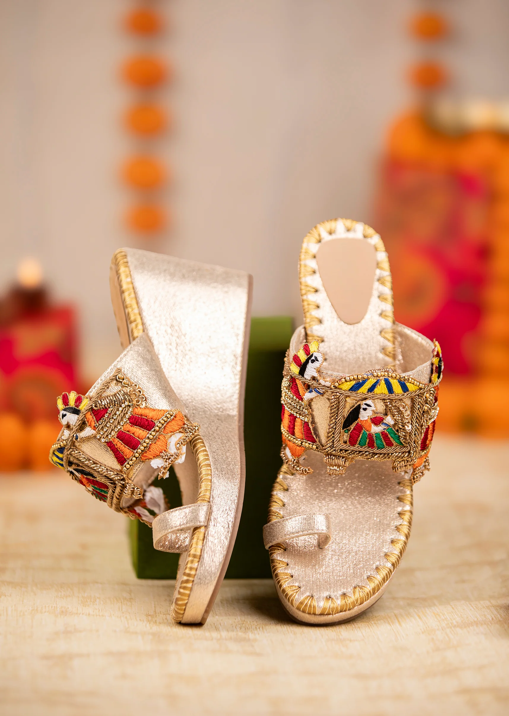 Gold Hand Embroidered Resham Wedges