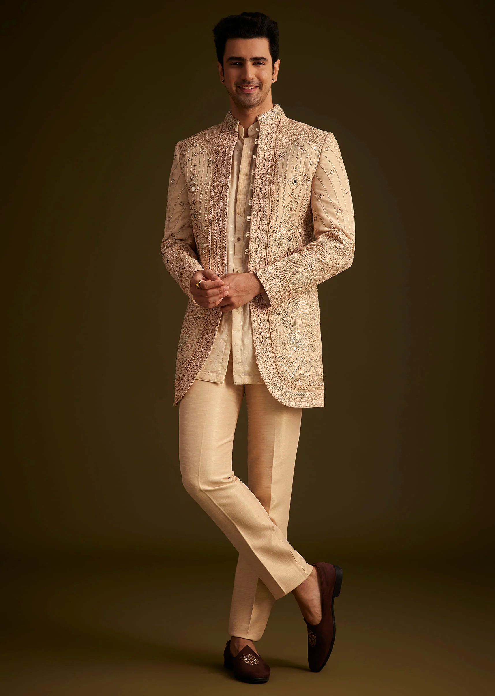 Gold Hand Embroidered Sherwani Set With Intricate Detailing - Image 4