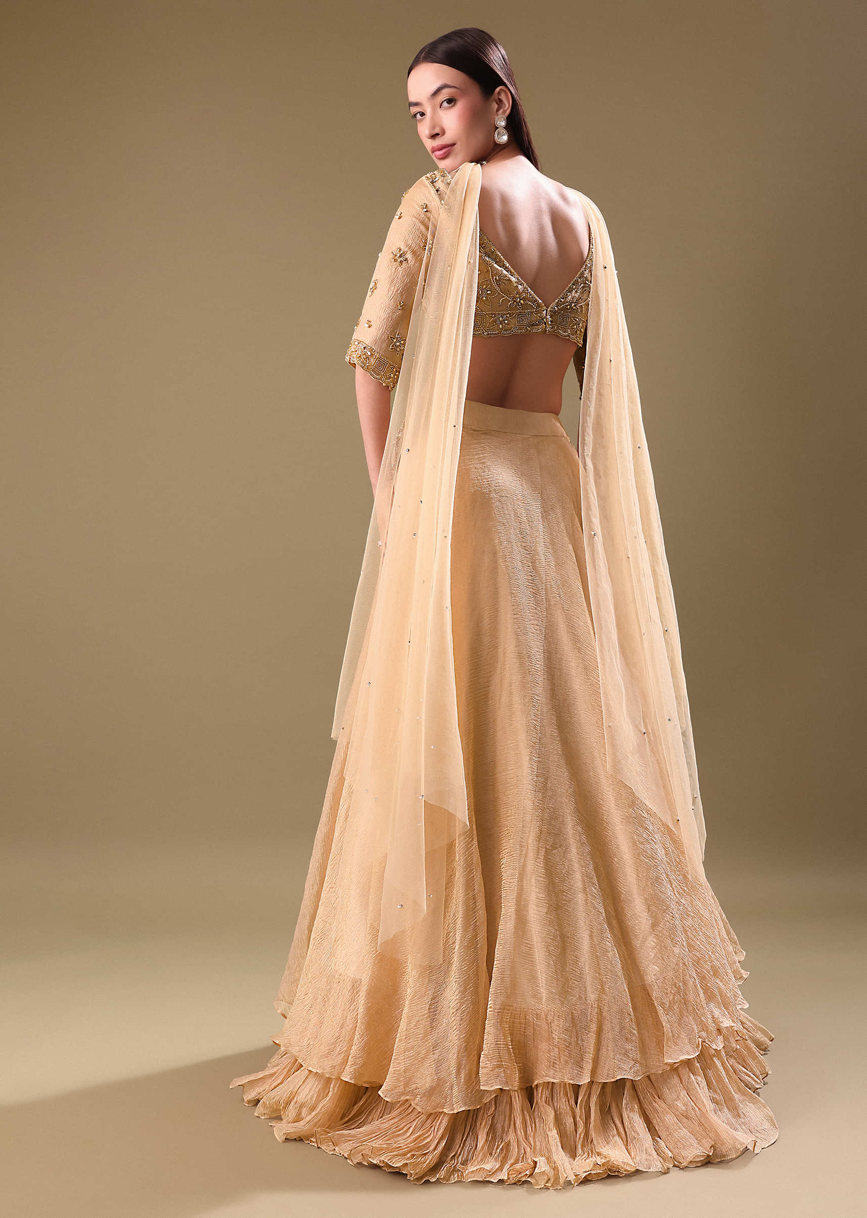 Gold Hand Embroidered Tissue Lehenga And Blouse With Dupatta - Image 5