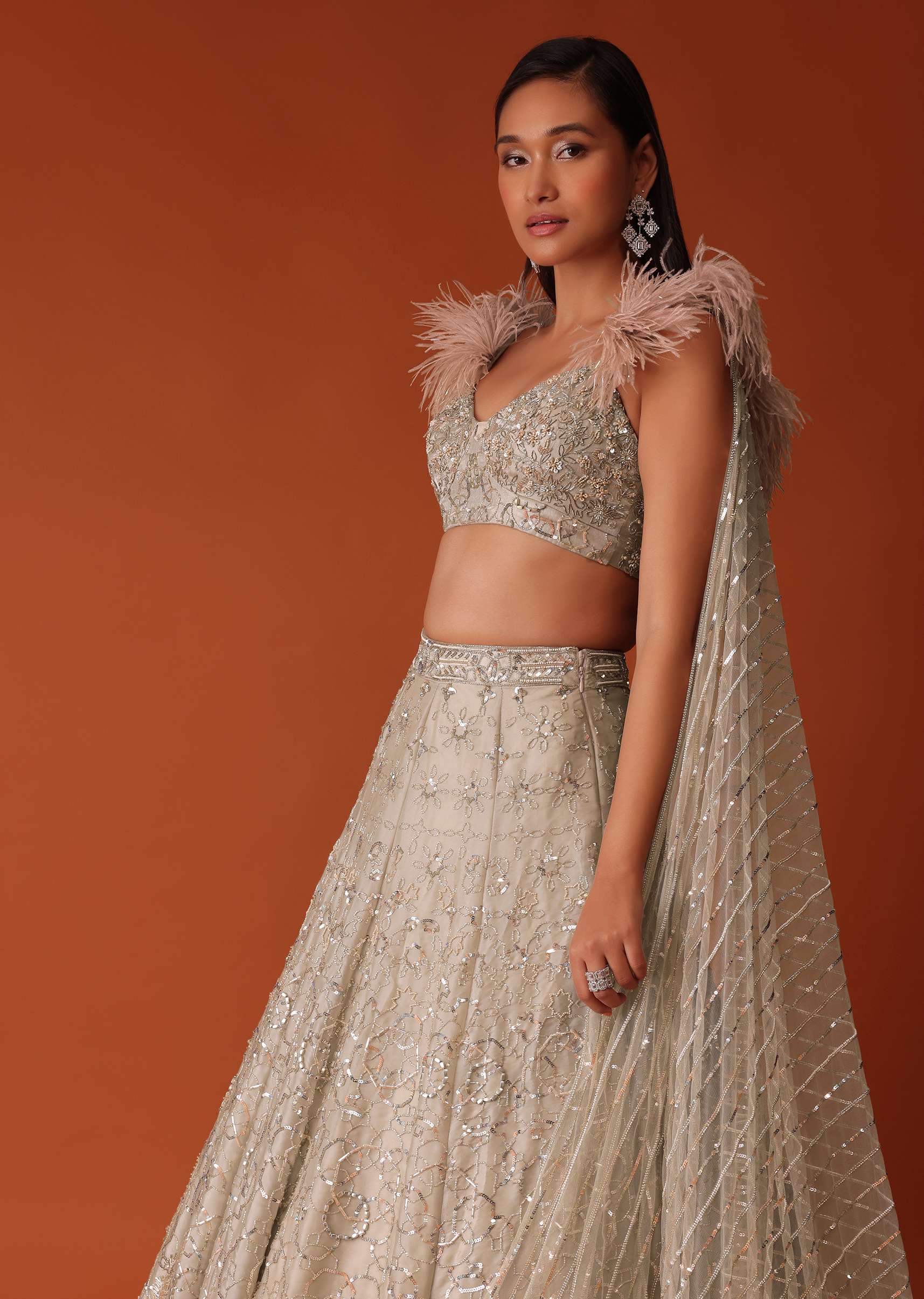 Gold Heavy Hand Embroidered Bridal Lehenga Set In Organza - Image 2