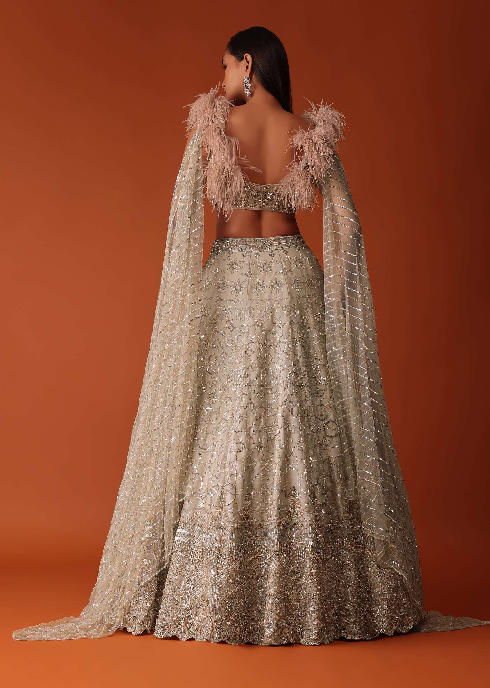 Gold Heavy Hand Embroidered Bridal Lehenga Set In Organza - Image 3