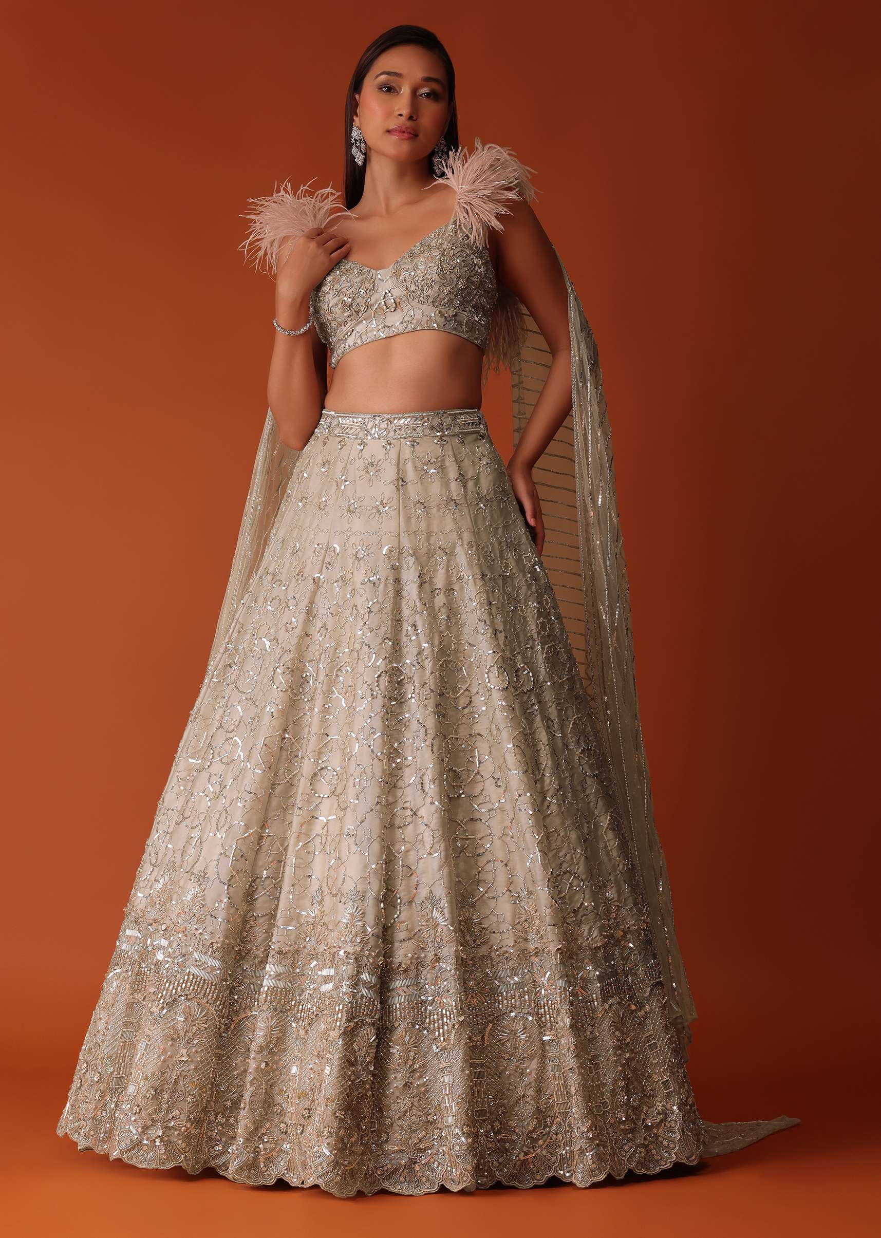 Gold Heavy Hand Embroidered Bridal Lehenga Set In Organza - Image 4