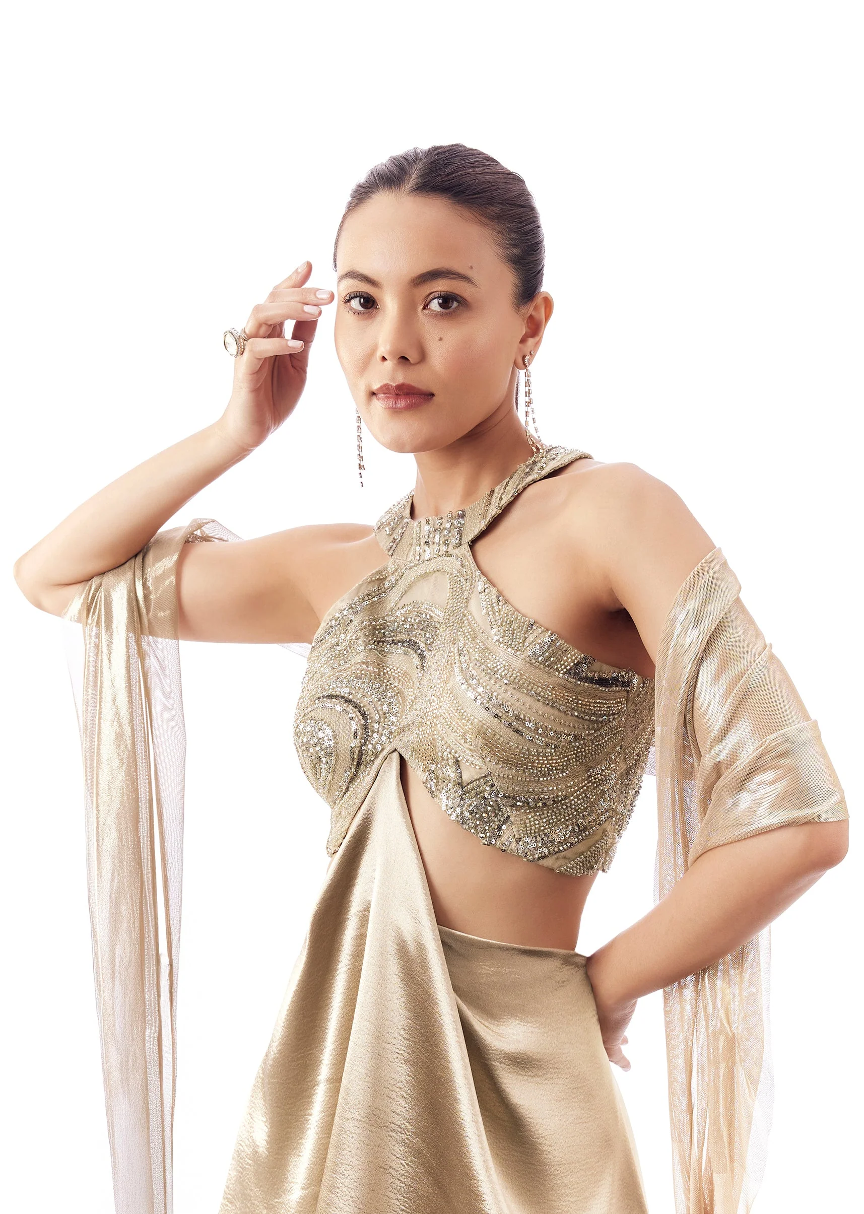 Gold High Neck Blouse With Cutdana Work