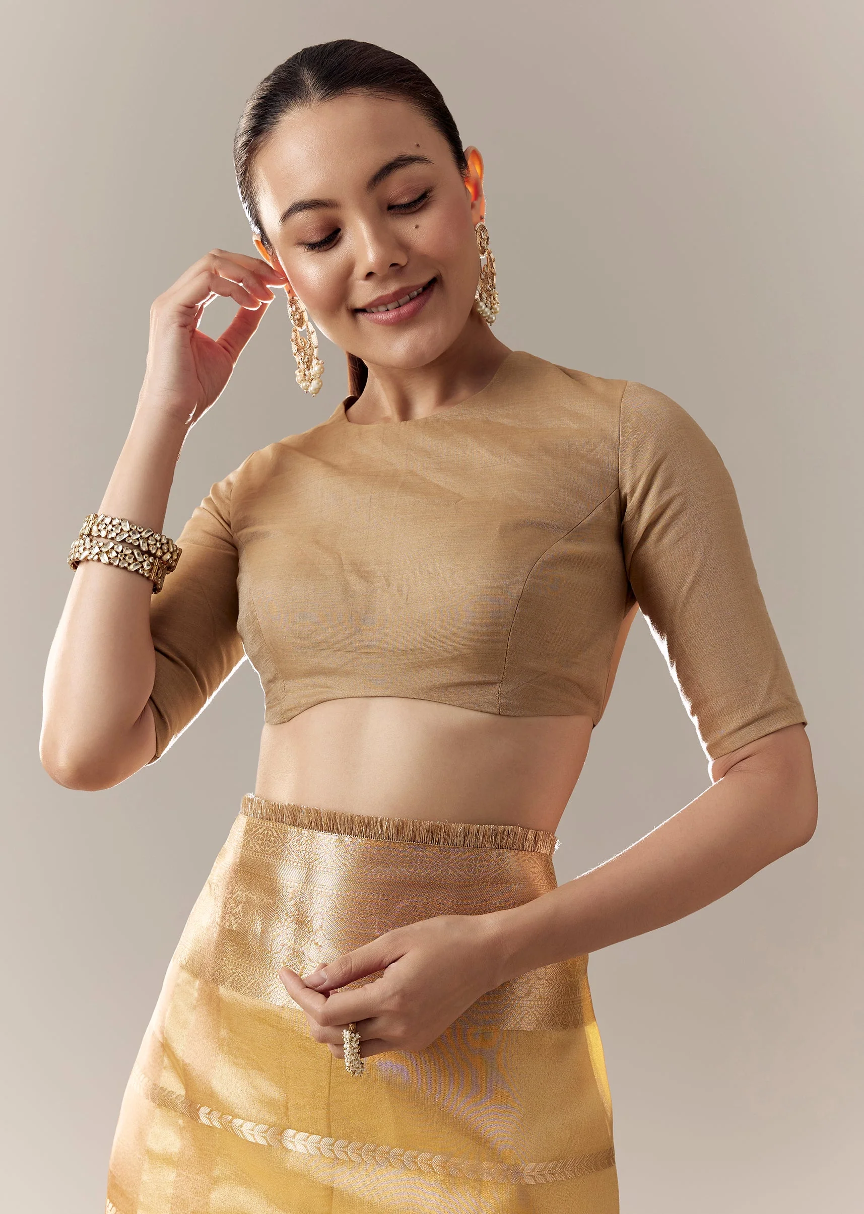Gold High Neck Tie Back Blouse - Image 2