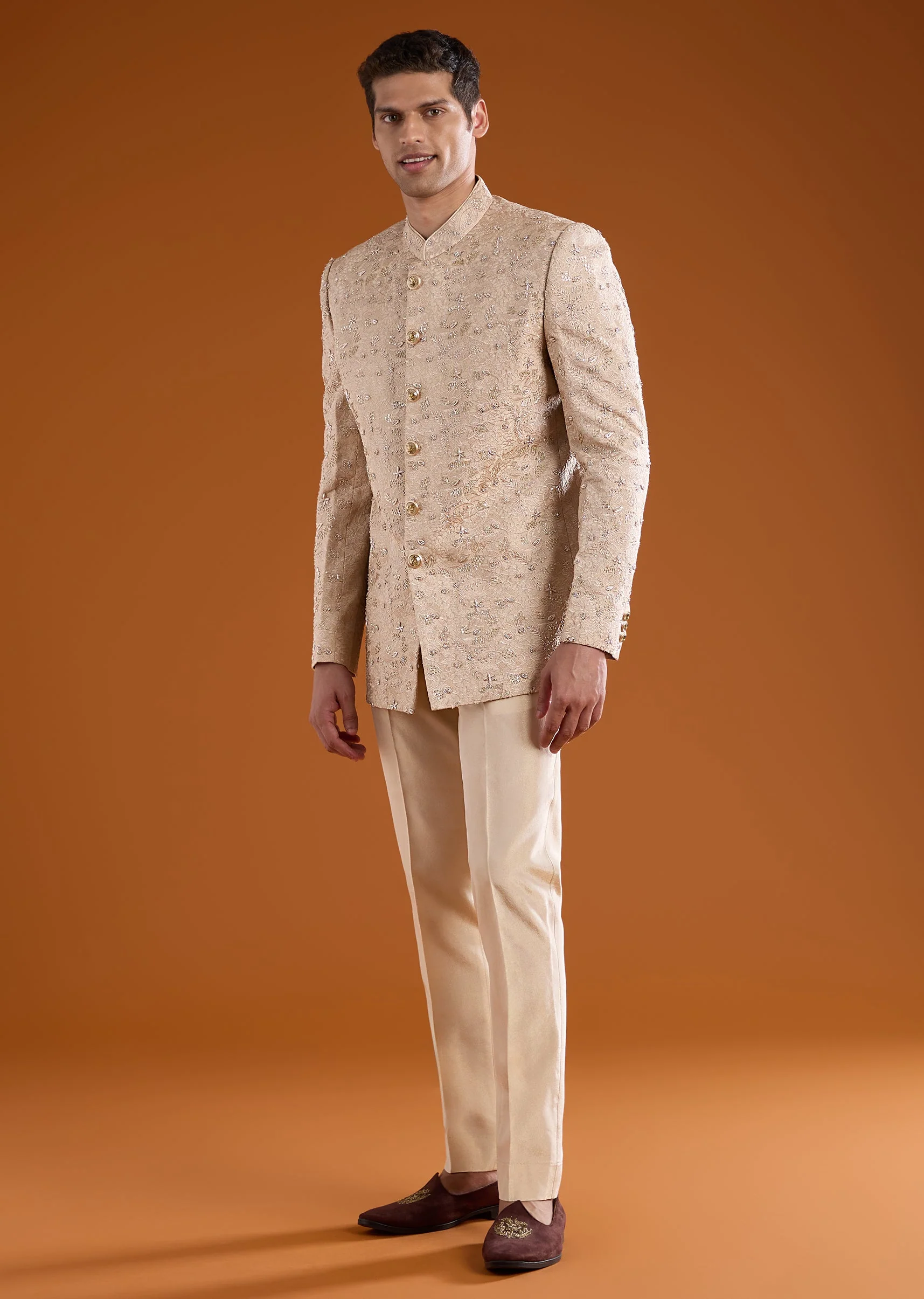 Gold Jacquard Jodhpuri Set with Cutdana Work - Image 2