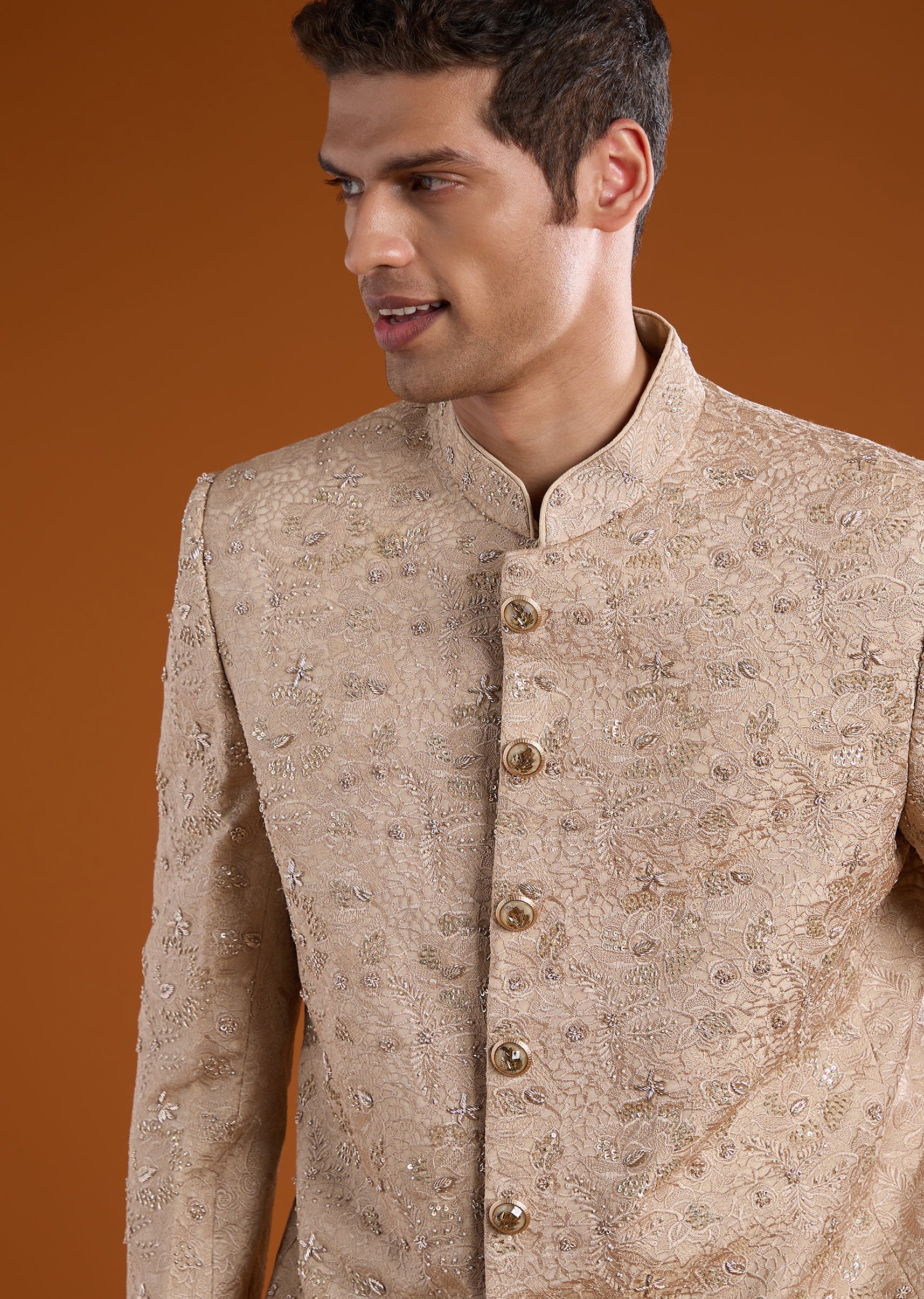 Gold Jacquard Jodhpuri Set with Cutdana Work - Image 3