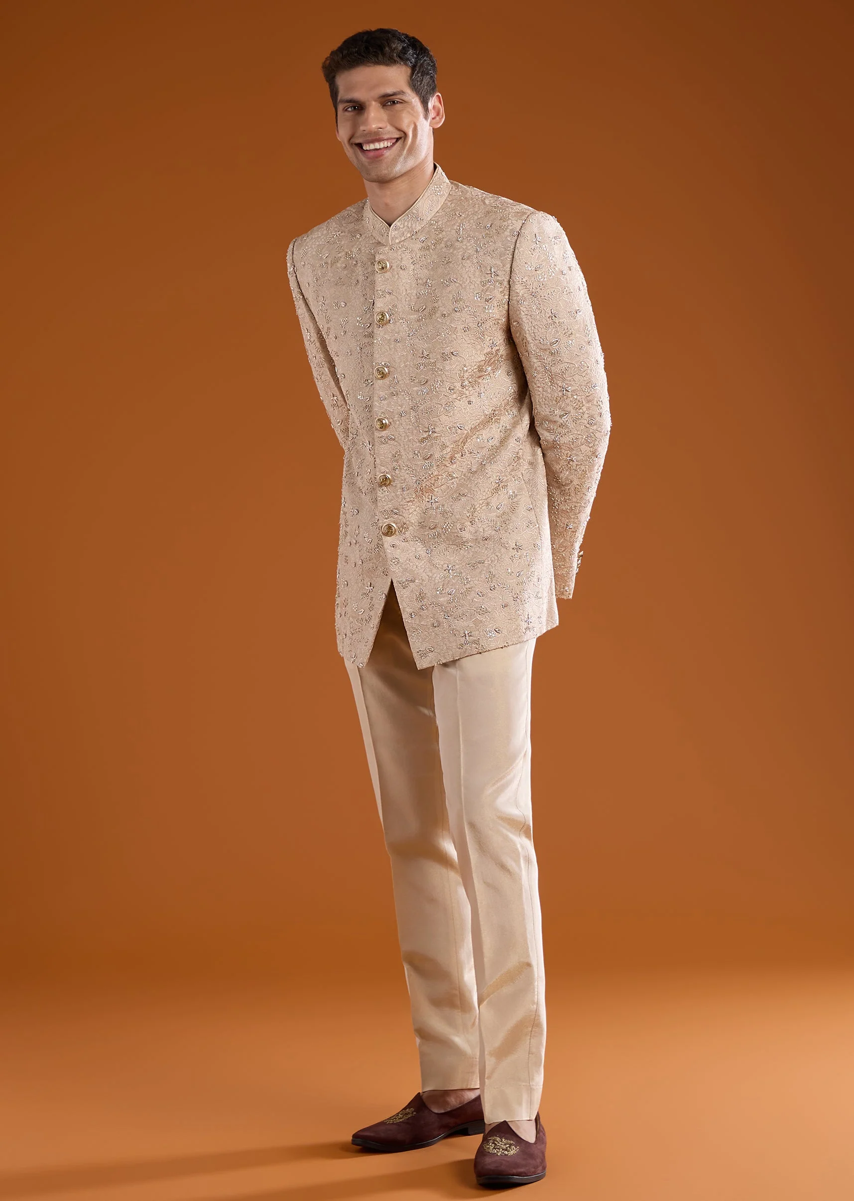 Gold Jacquard Jodhpuri Set with Cutdana Work - Image 4