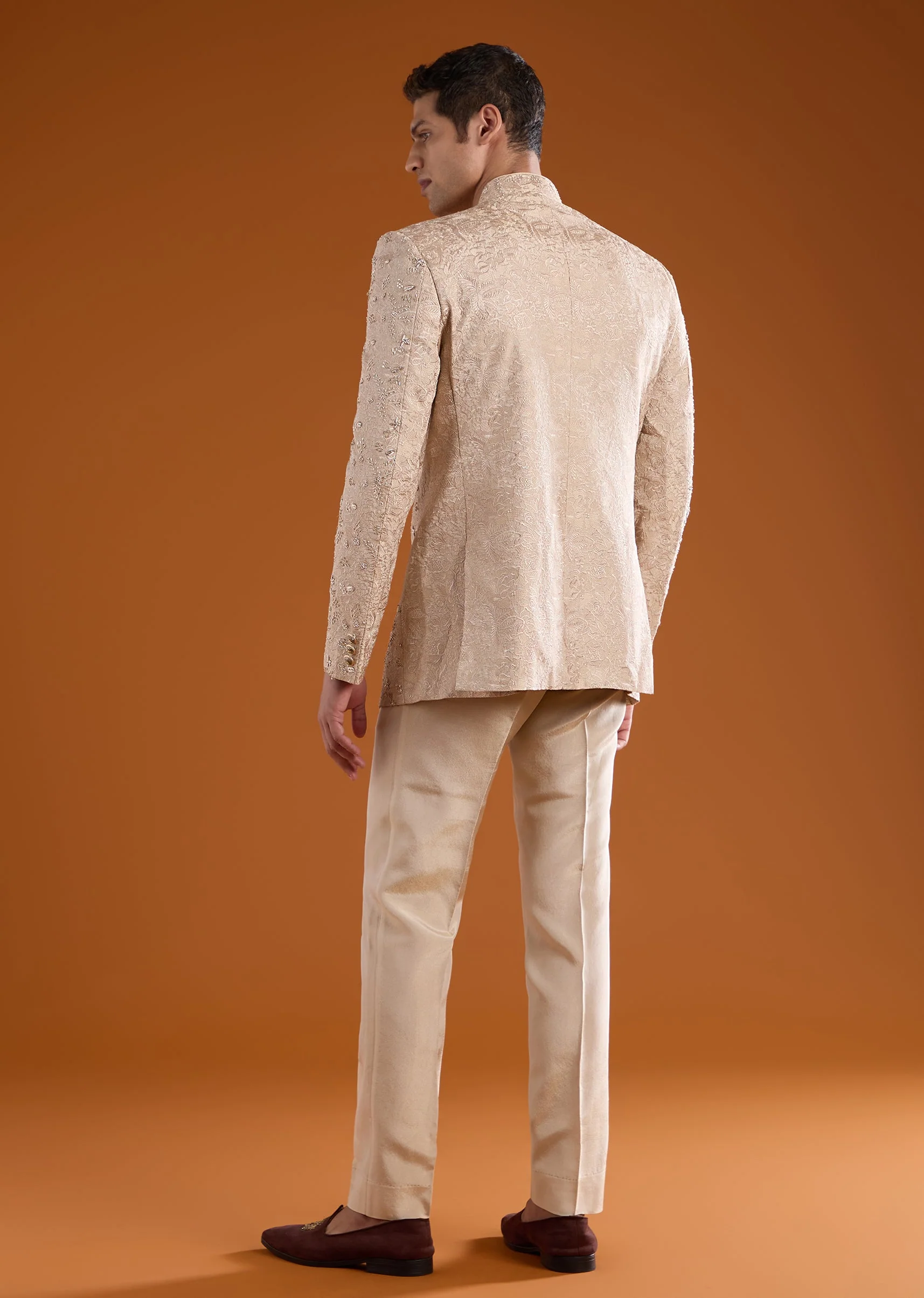 Gold Jacquard Jodhpuri Set with Cutdana Work - Image 5