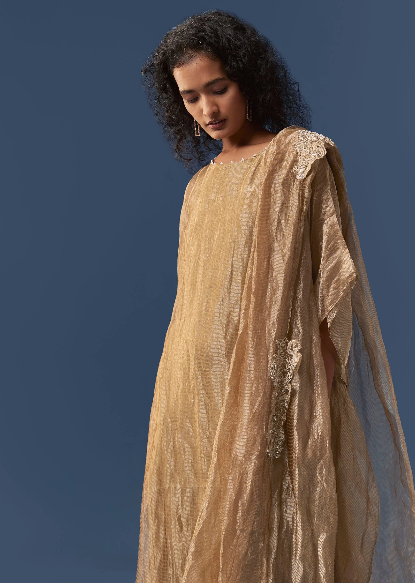 Gold Kaftan Style Draped Tissue Gown - Image 4