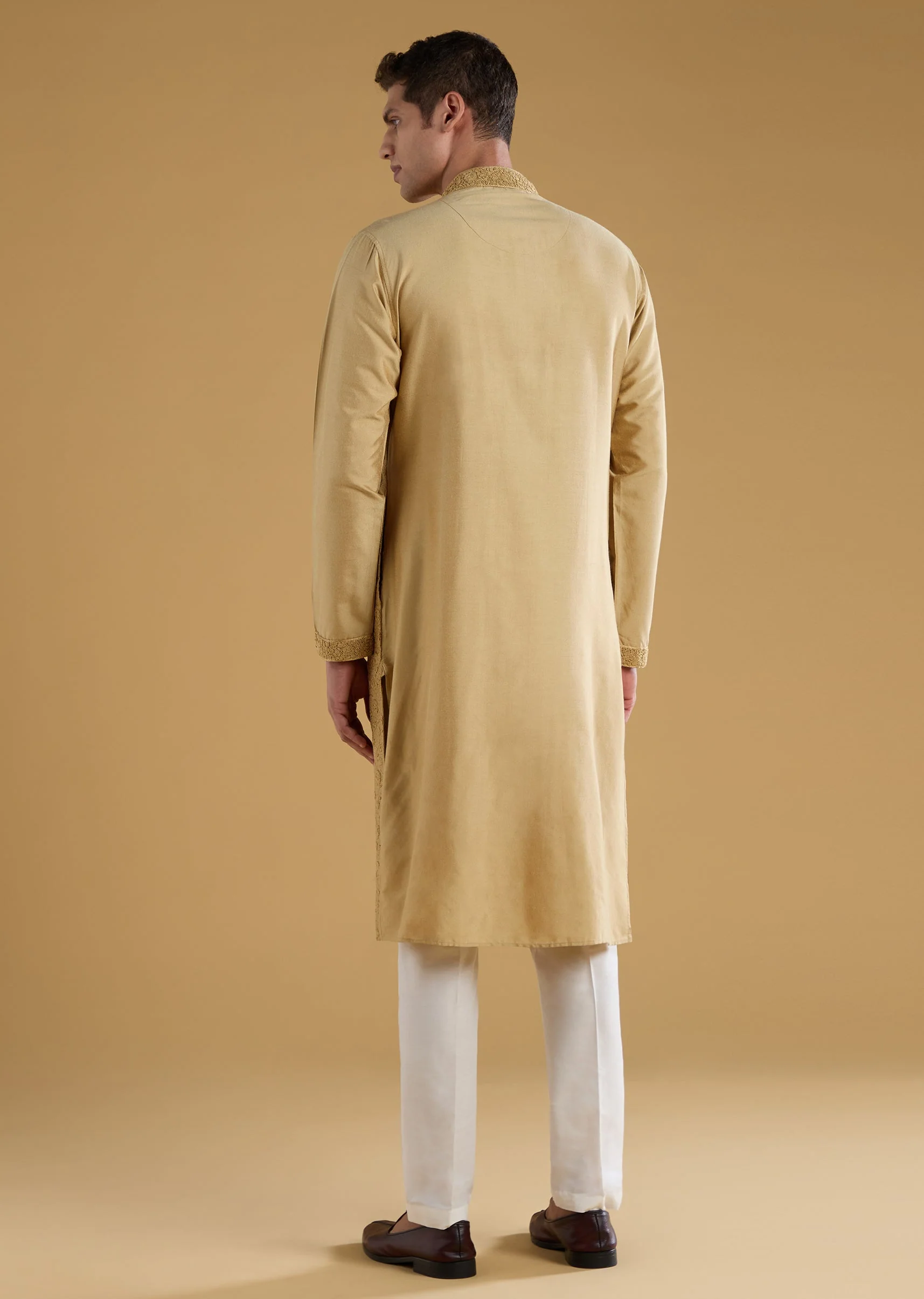 Gold Kashmiri Work Banarasi Silk Mens Kurta Set - Image 5