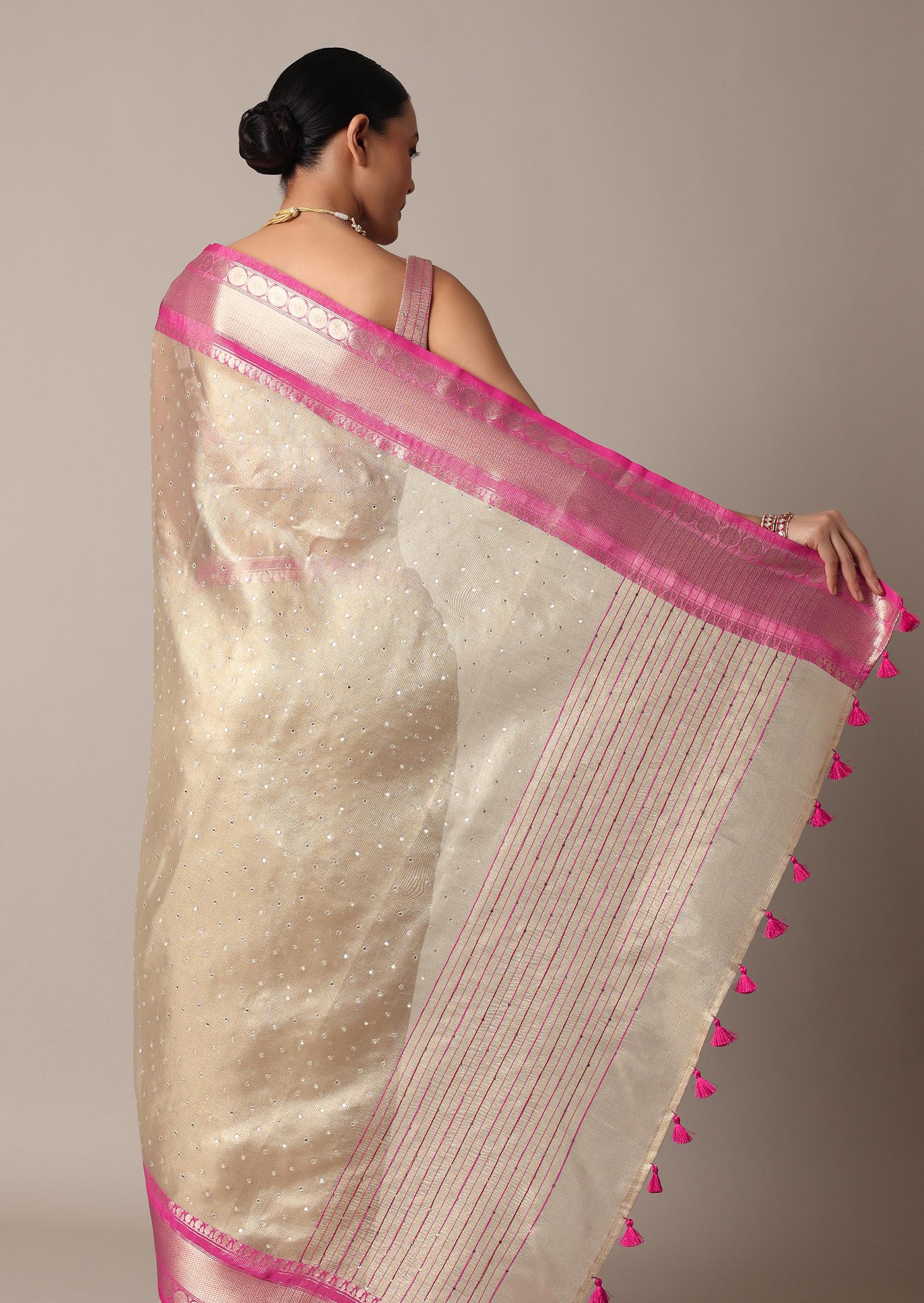 Gold Kota Silk Chanderi Saree With Mirror Detail And Unstitched Blouse Piece - Image 6