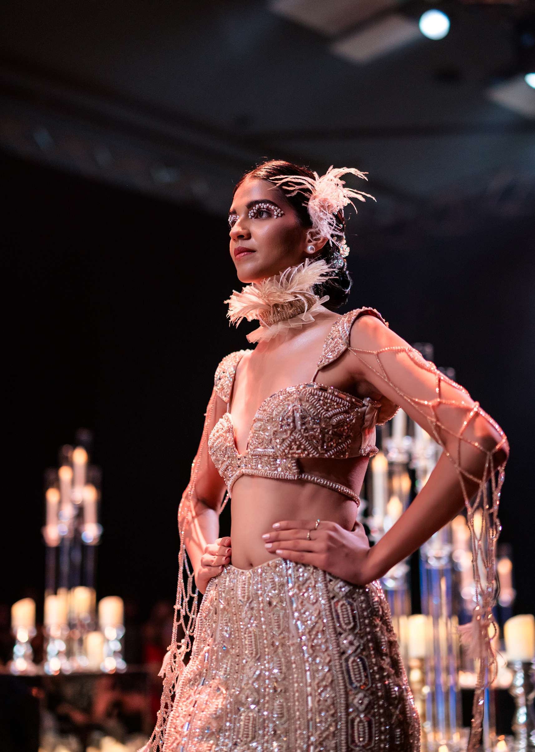 Gold Lehenga In Art Silk With 3D Feathers And Floral Motifs - Image 6