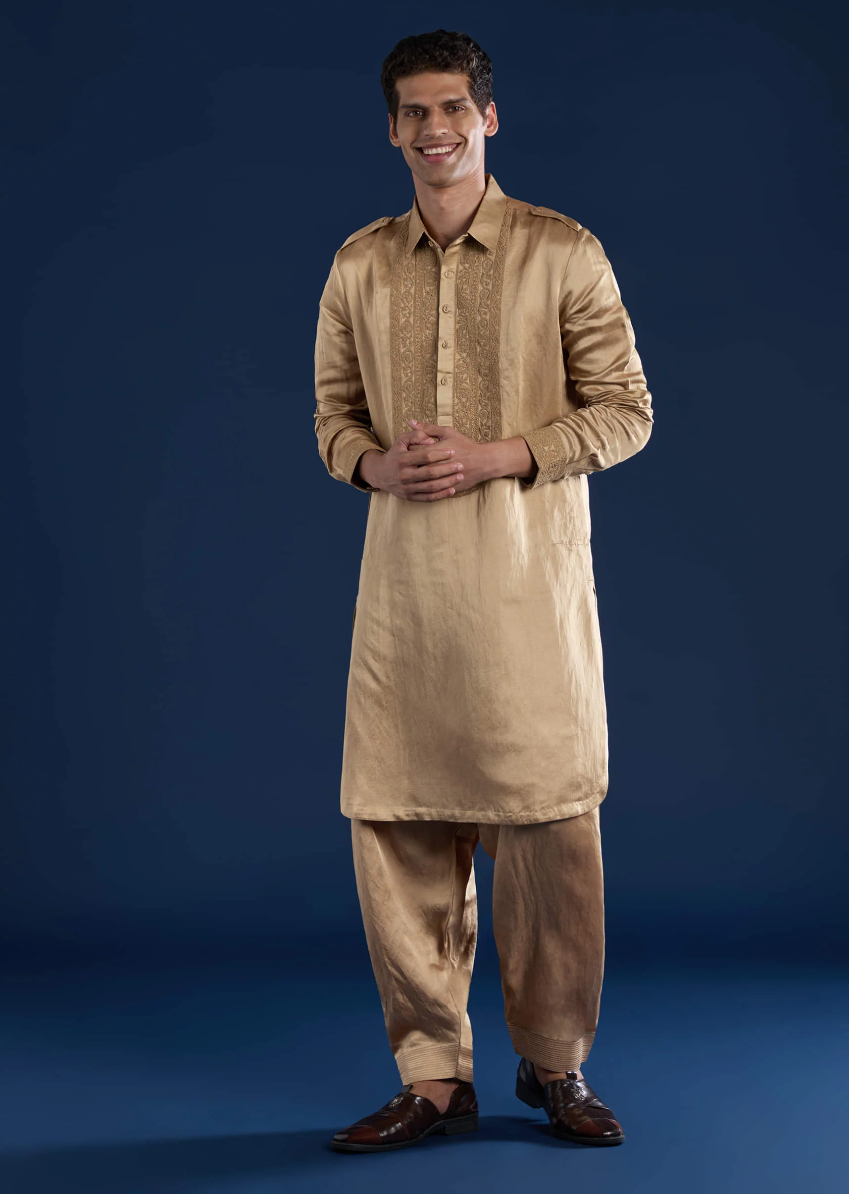 Gold Linen Satin Embroidered Mens Kurta and Pant Set - Image 2