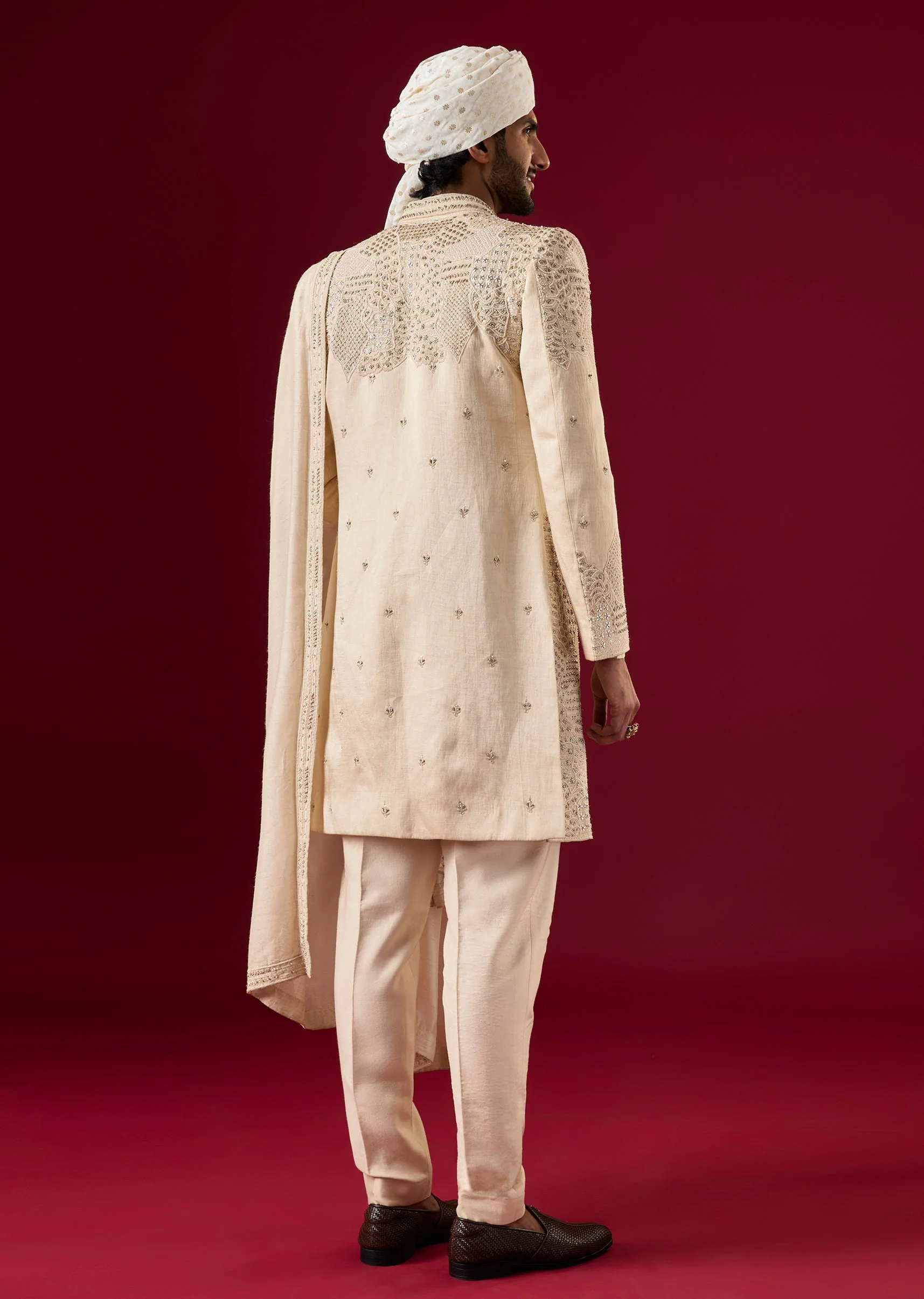Gold Linen Sherwani Set With Self Embroidery - Image 6