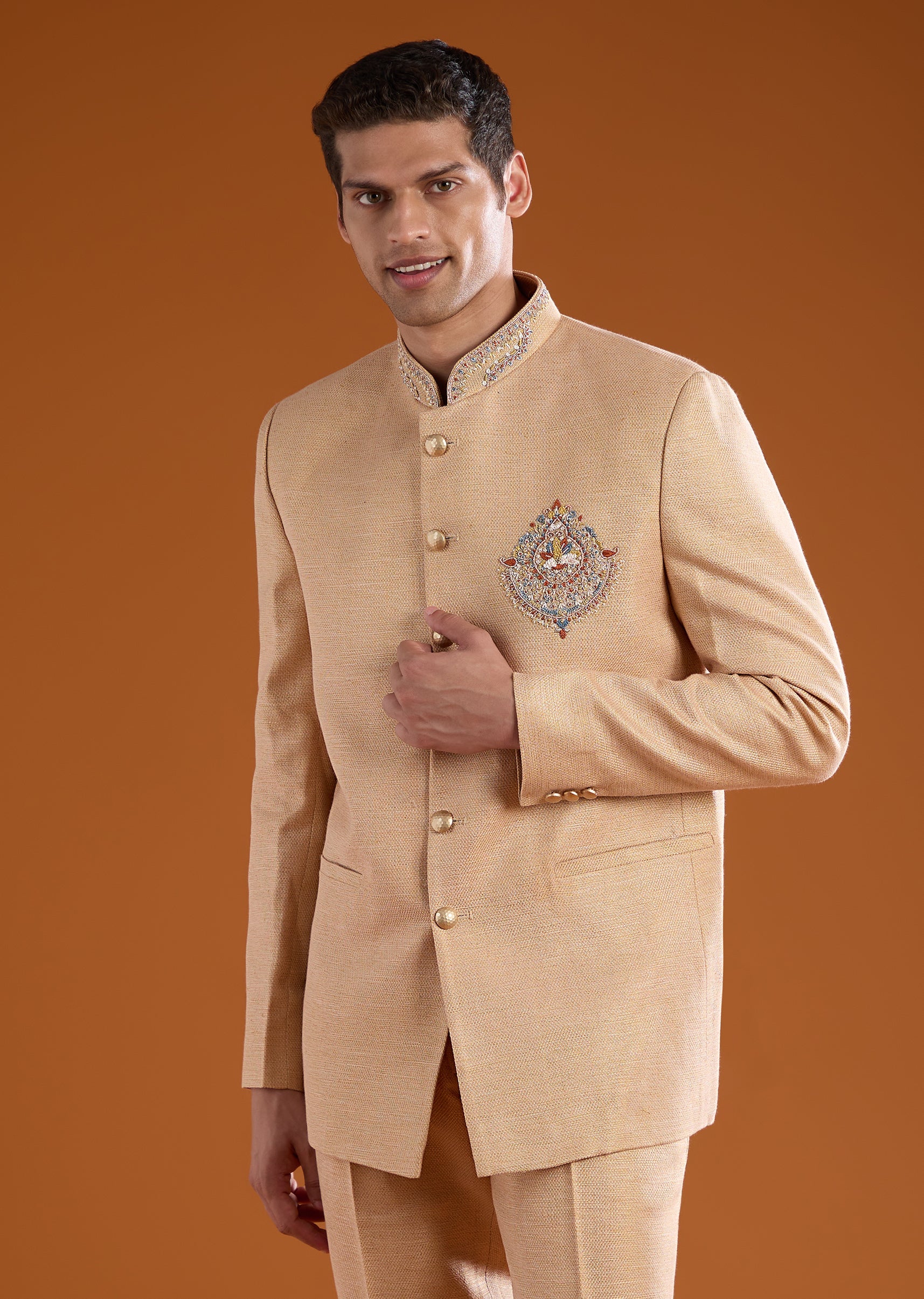 Gold Matka Silk Jodhpuri Set with Bead Work - Image 3