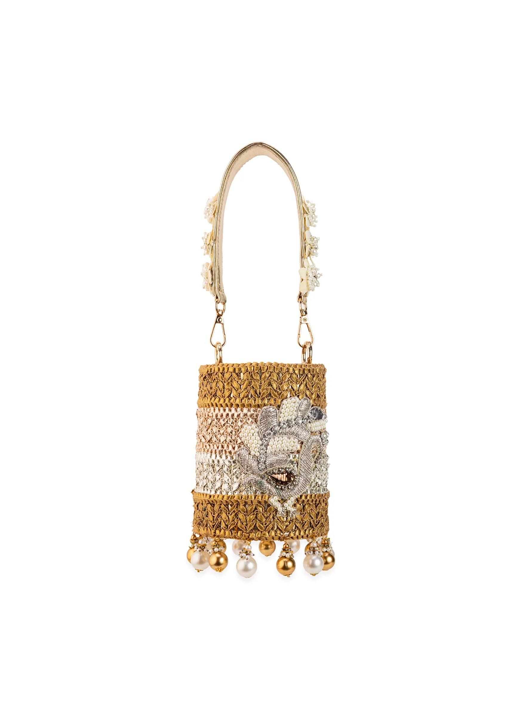 Gold Multi Bead Drop Hand Embroidered Potli Bucket Bag - Image 2