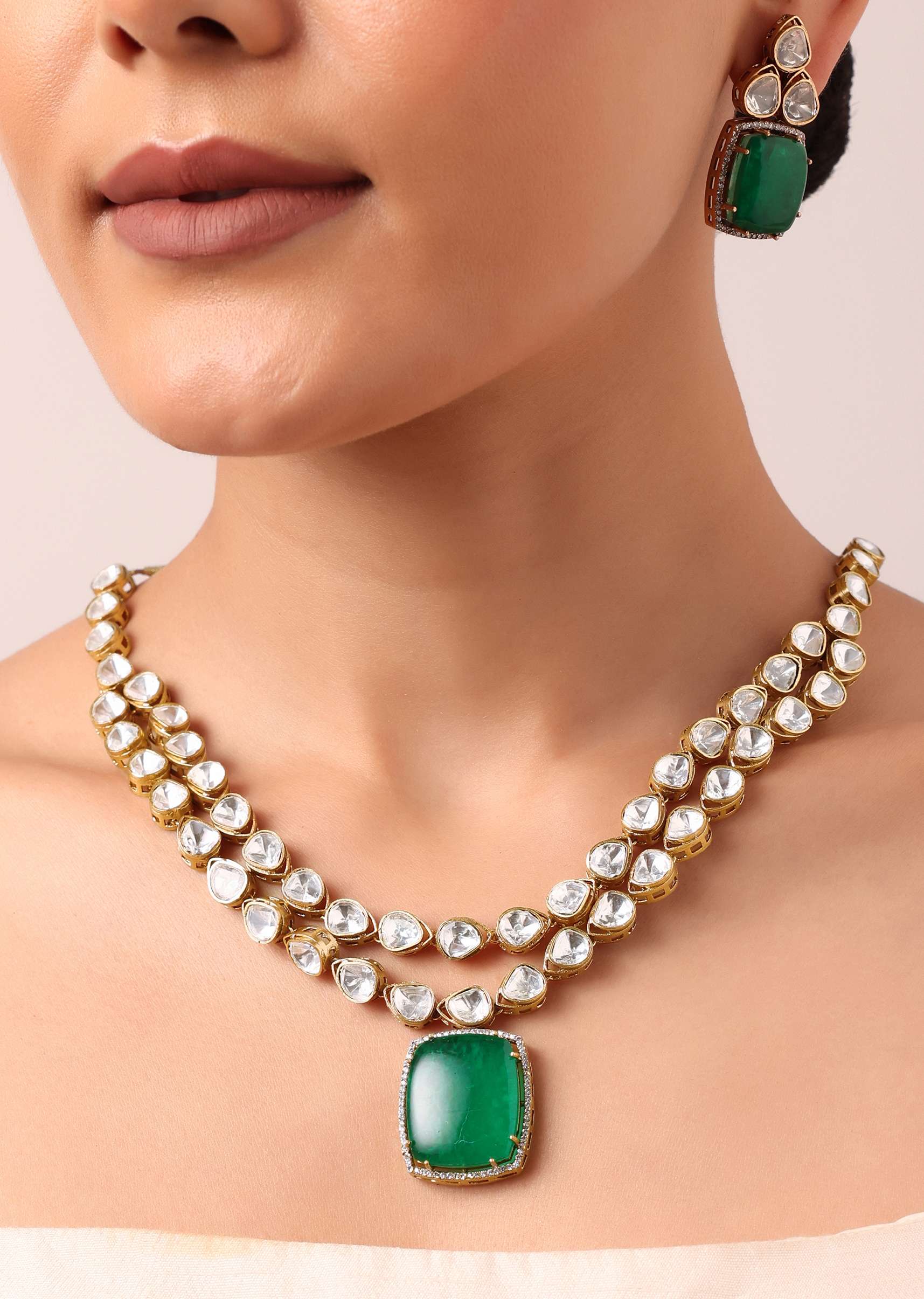 Gold Multicolor Geometric Kundan Pendant Necklace Set - Image 2