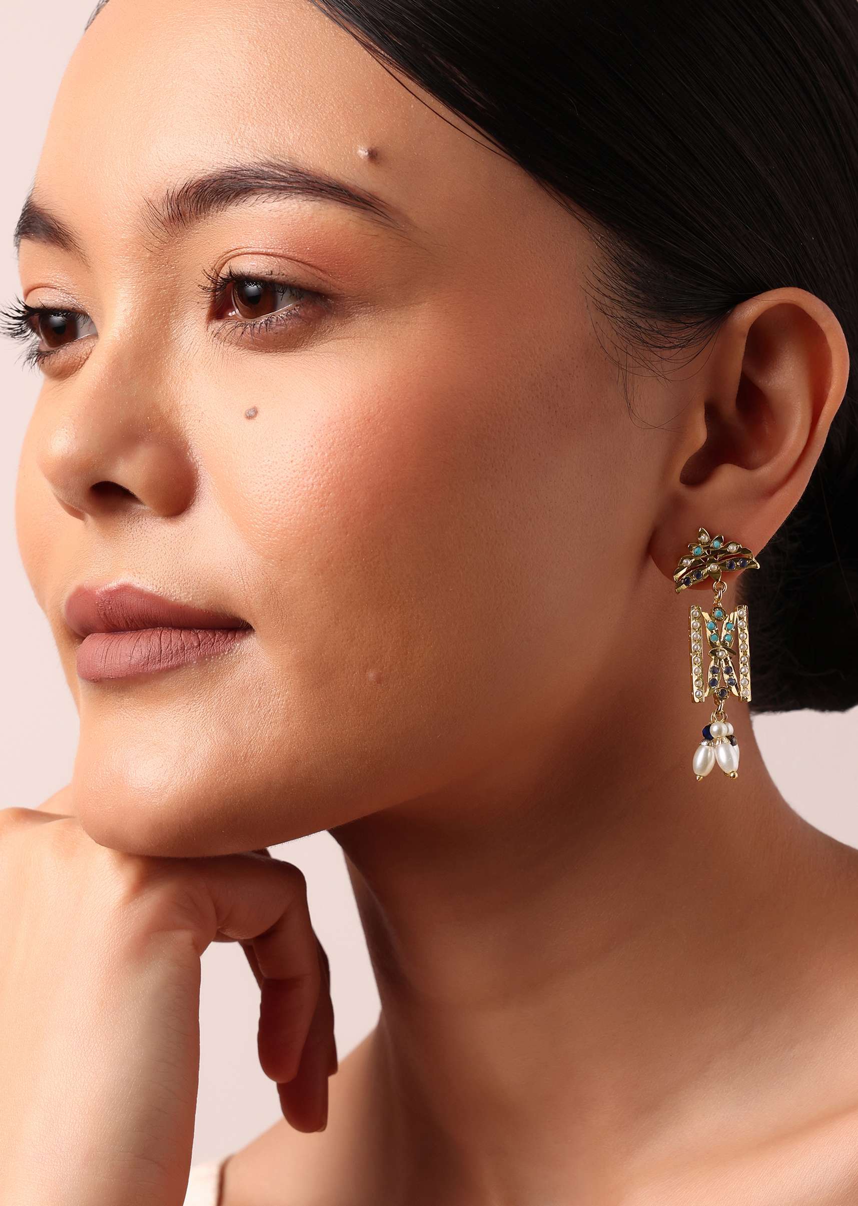 Gold Multicolor Kundan Danglers With Bead Drops