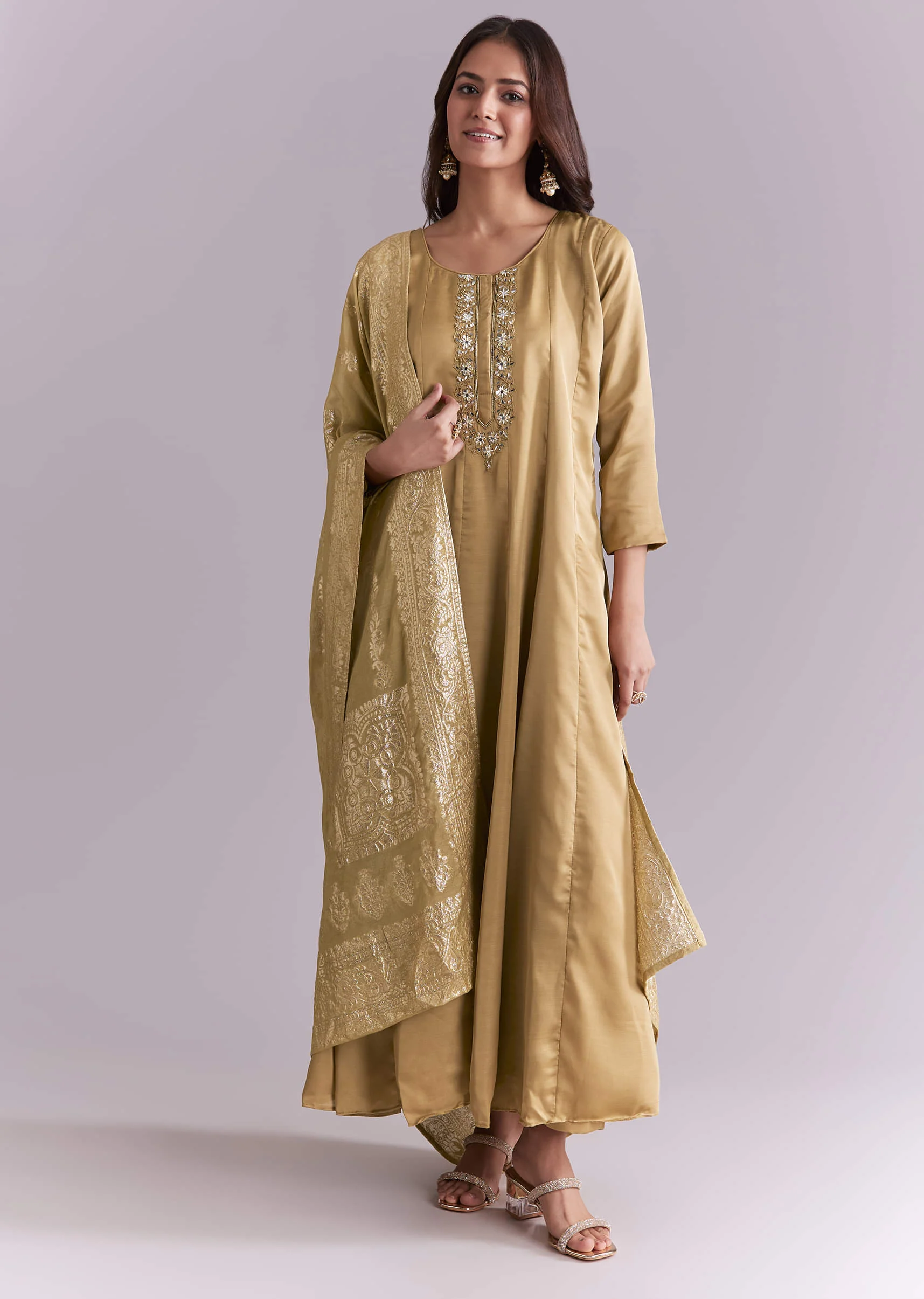 Gold Muslin Anarkali Suit With Mirror And Moti Embroidery