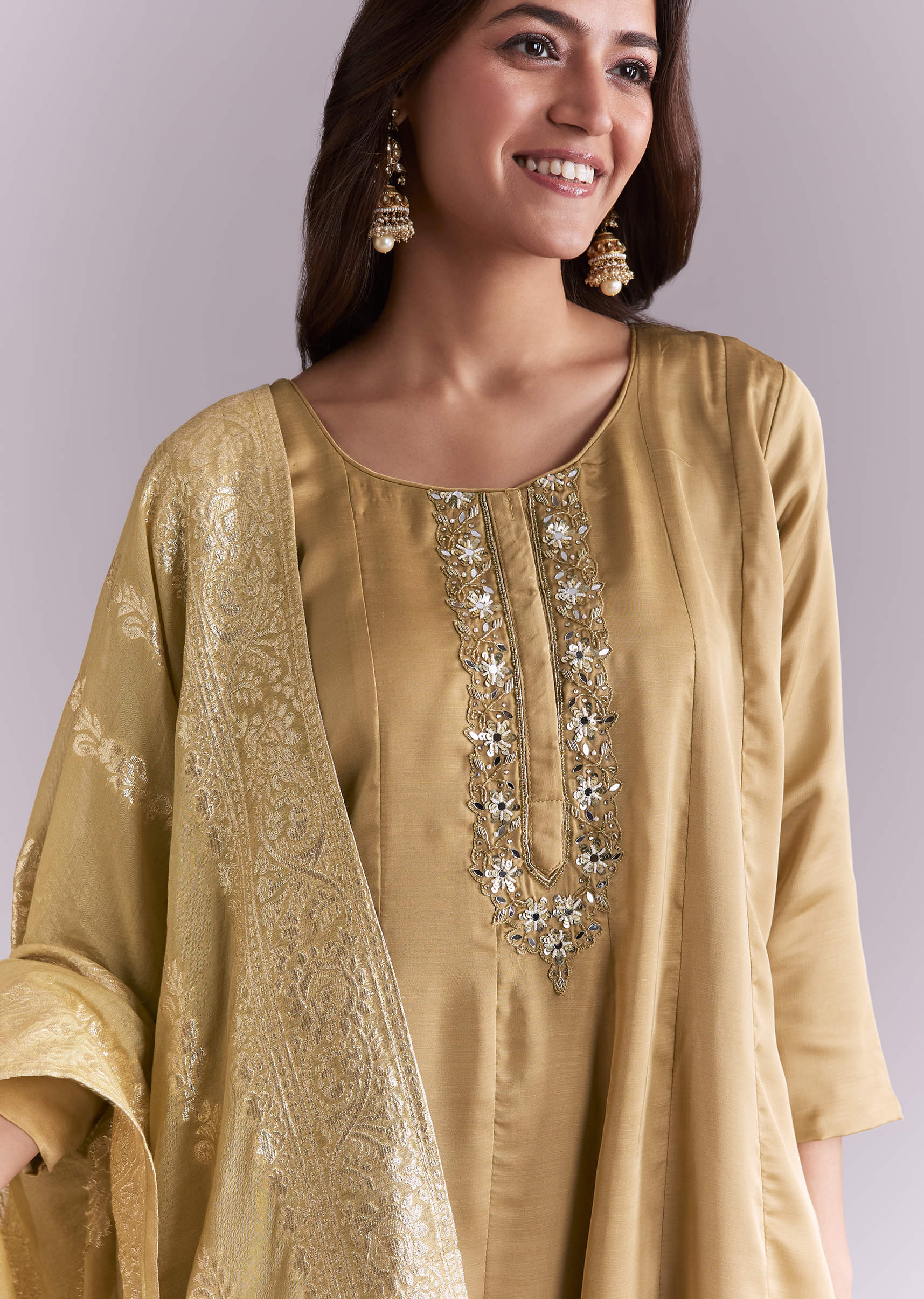 Gold Muslin Anarkali Suit With Mirror And Moti Embroidery - Image 2