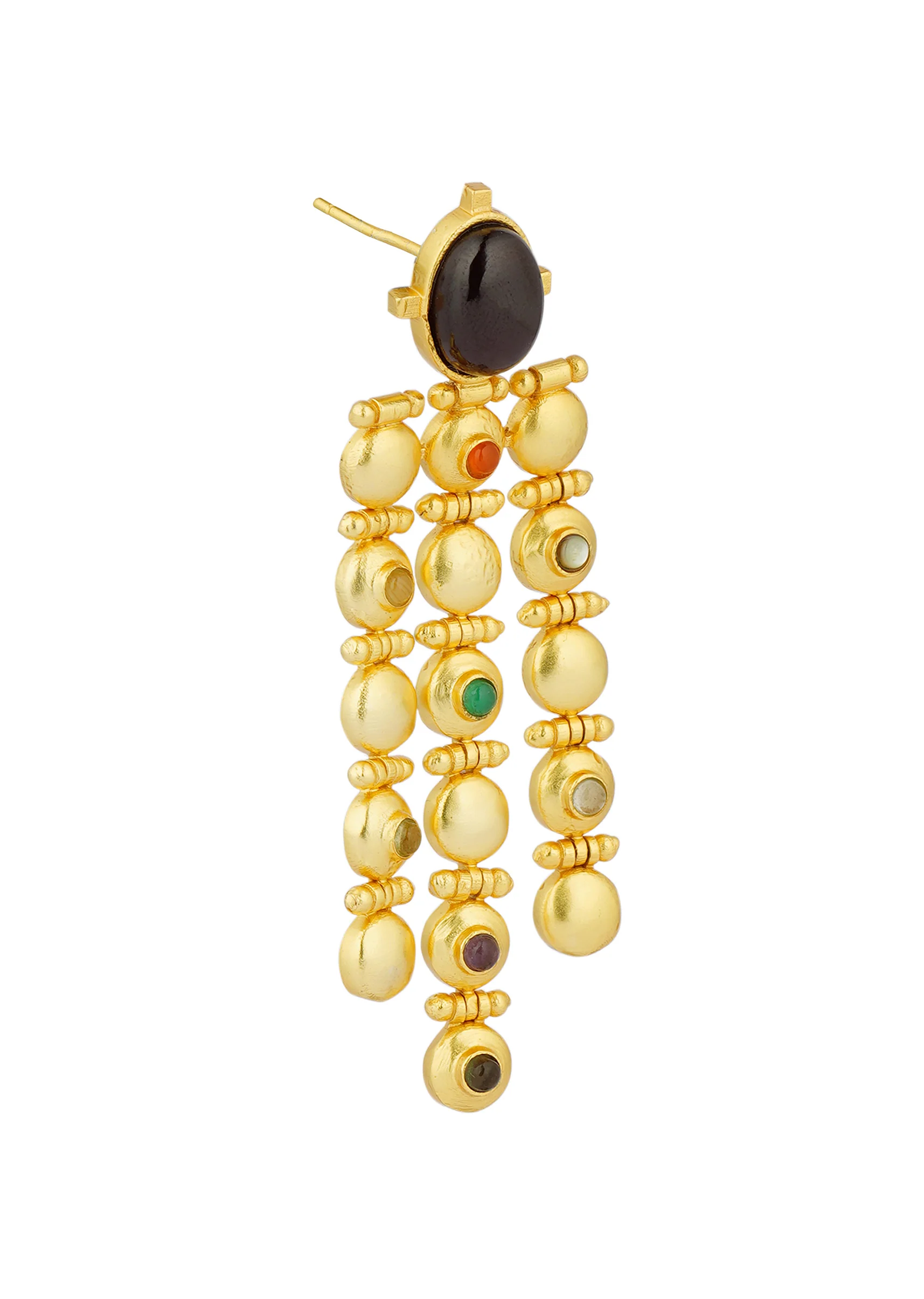 Gold Navratna Statement Earrings With Drops - Image 3