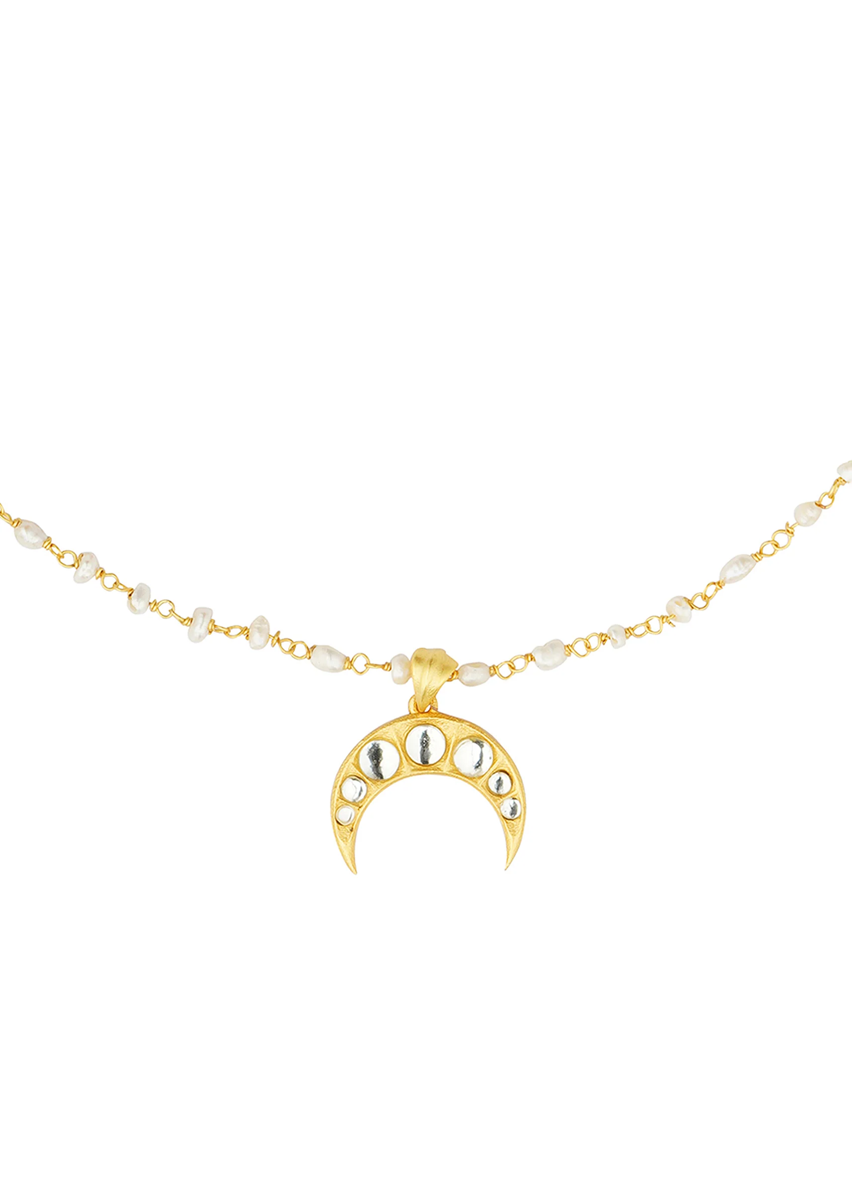Gold Necklace With Crescent Pendant And Pearl Chain - Image 4