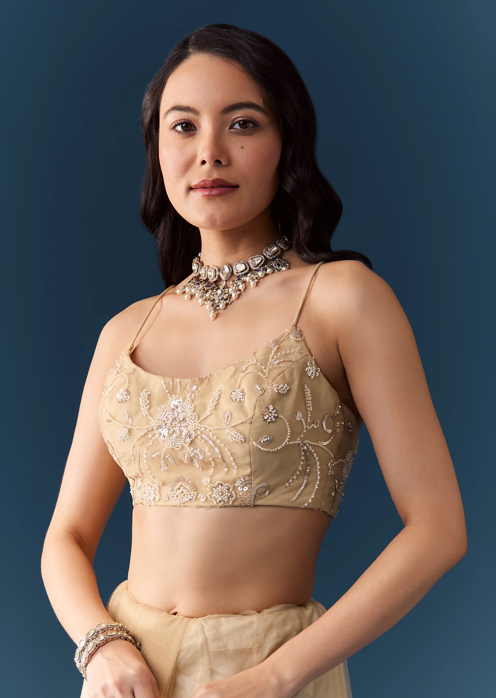 Gold Net Jaal Bead Work Saree with Unstitched Blouse - Image 8