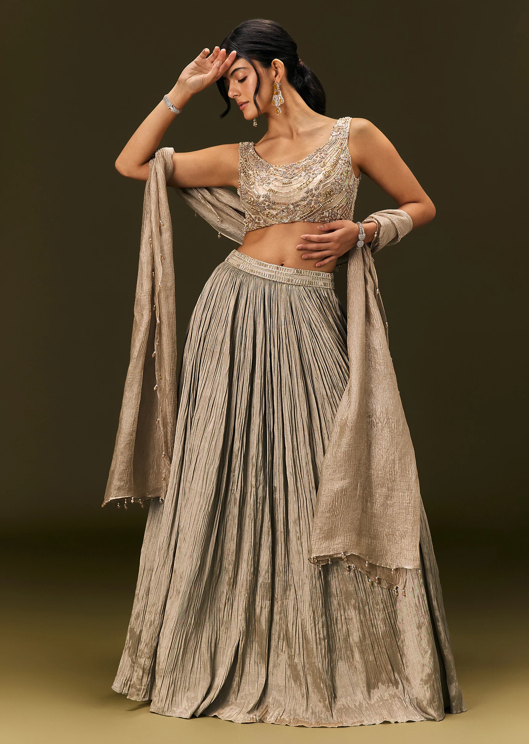 Gold Organza Lehenga Dupatta Set With Embellishments