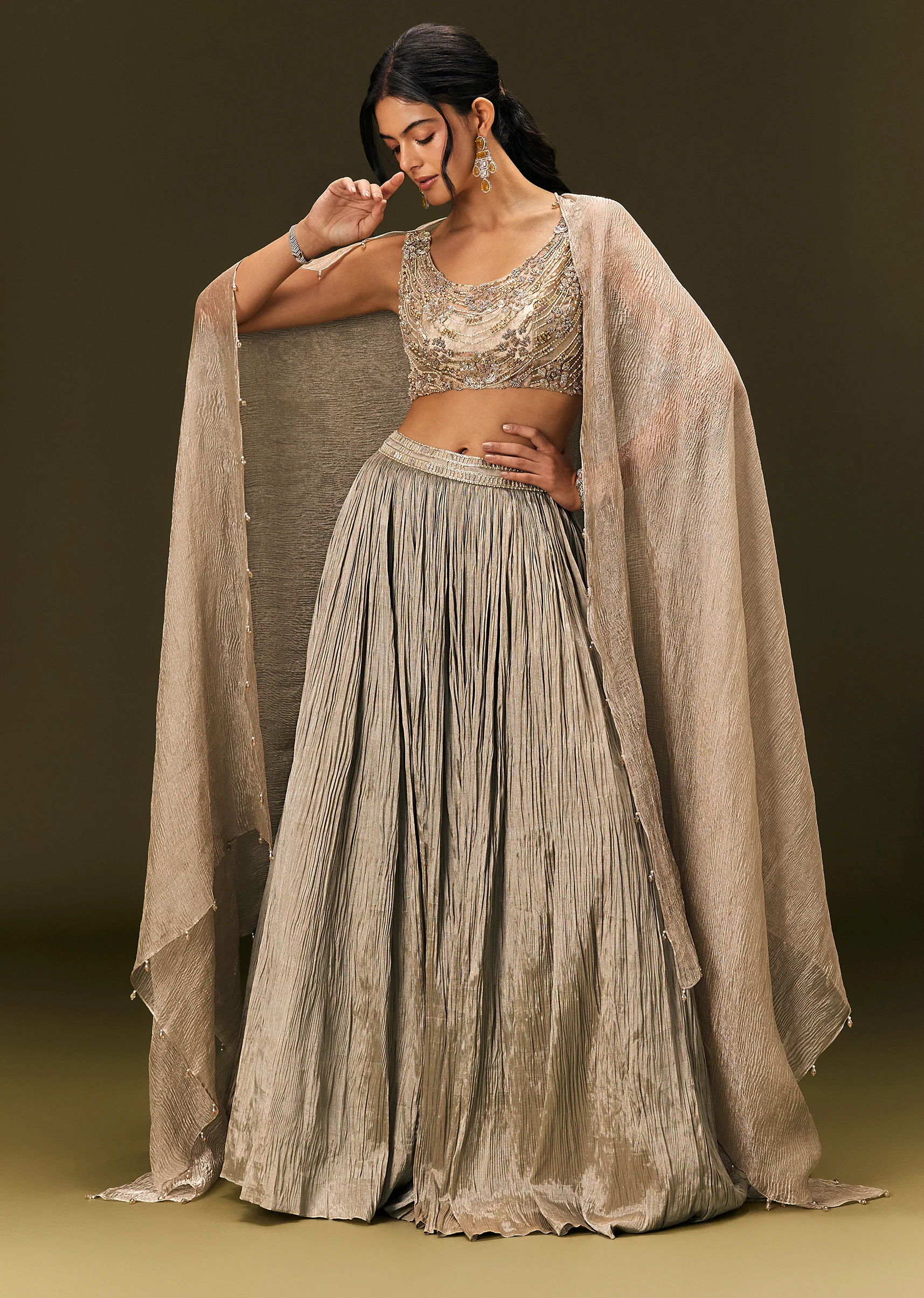 Gold Organza Lehenga Dupatta Set With Embellishments - Image 2