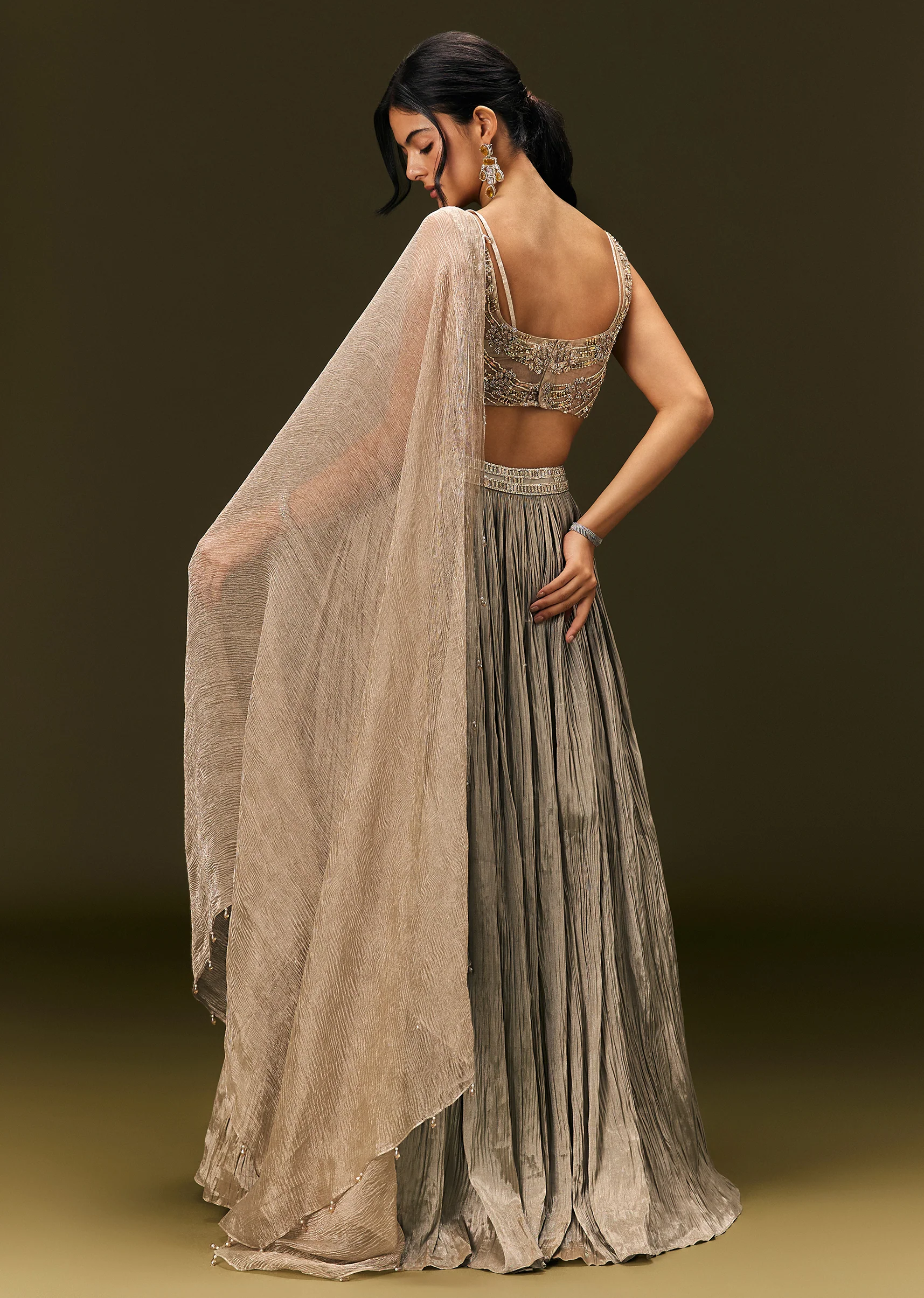 Gold Organza Lehenga Dupatta Set With Embellishments - Image 3
