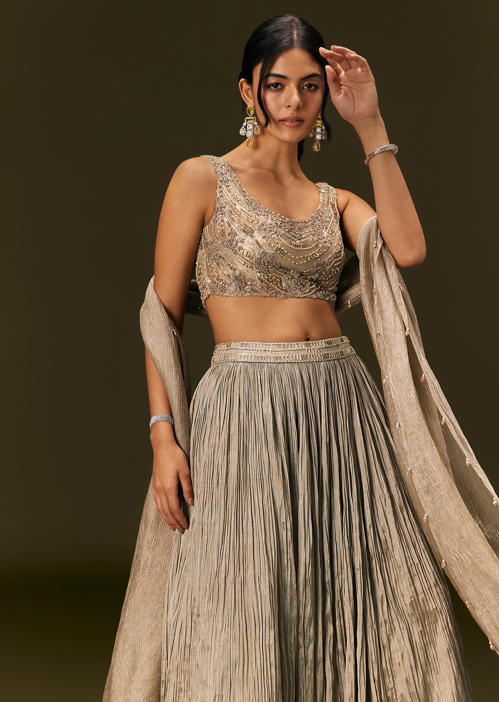Gold Organza Lehenga Dupatta Set With Embellishments - Image 4