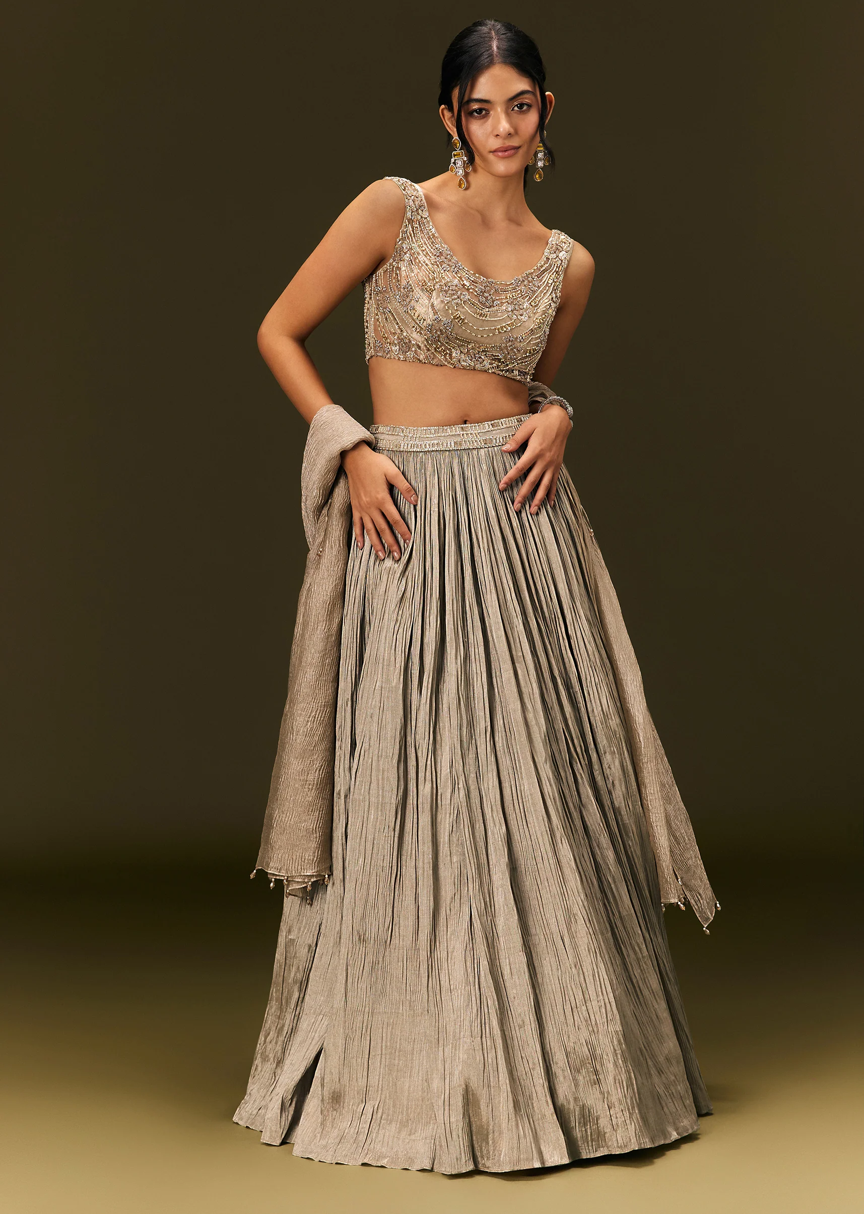 Gold Organza Lehenga Dupatta Set With Embellishments - Image 6