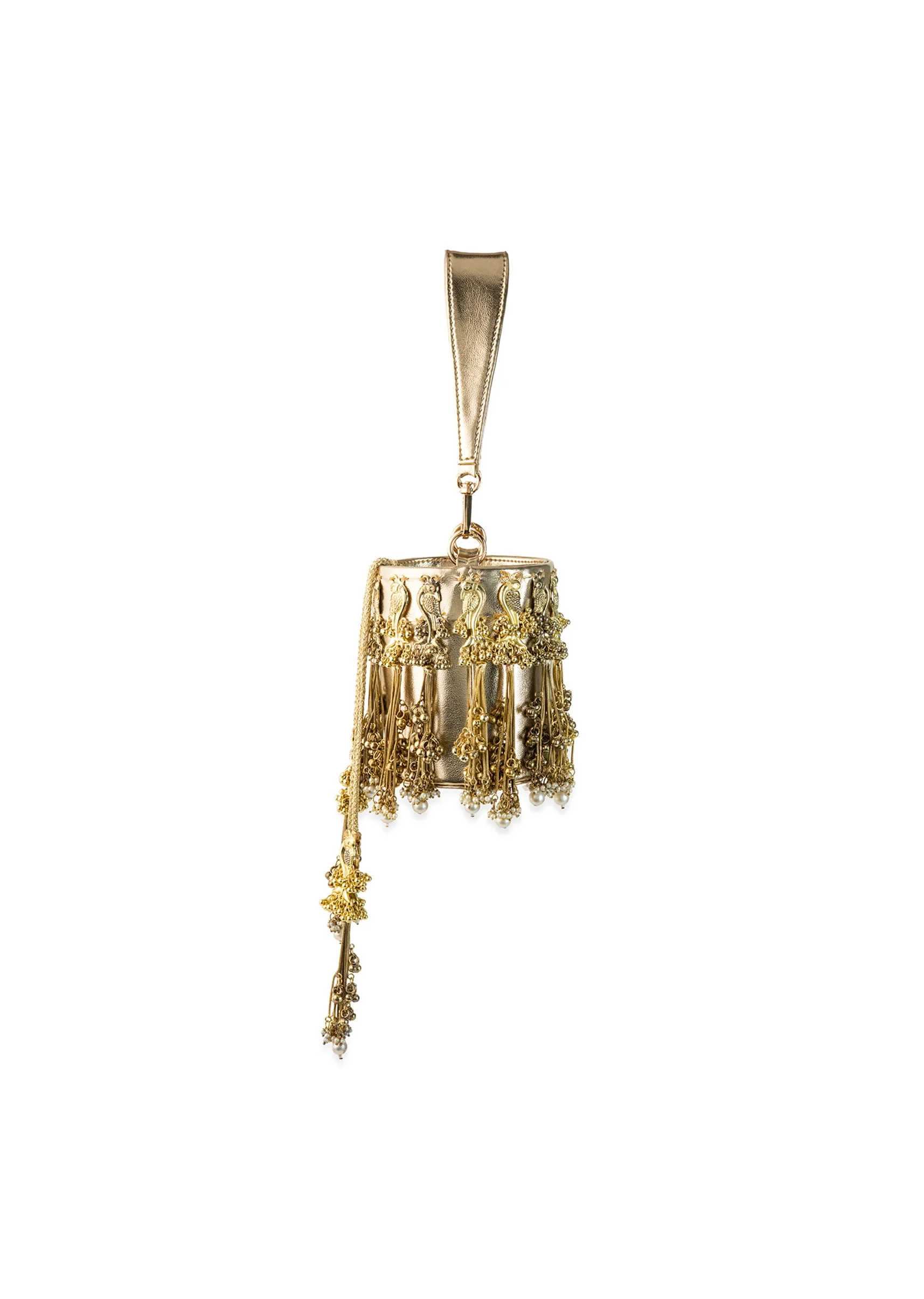 Gold Peacock Motif Tassel Detail Bucket Bag - Image 6