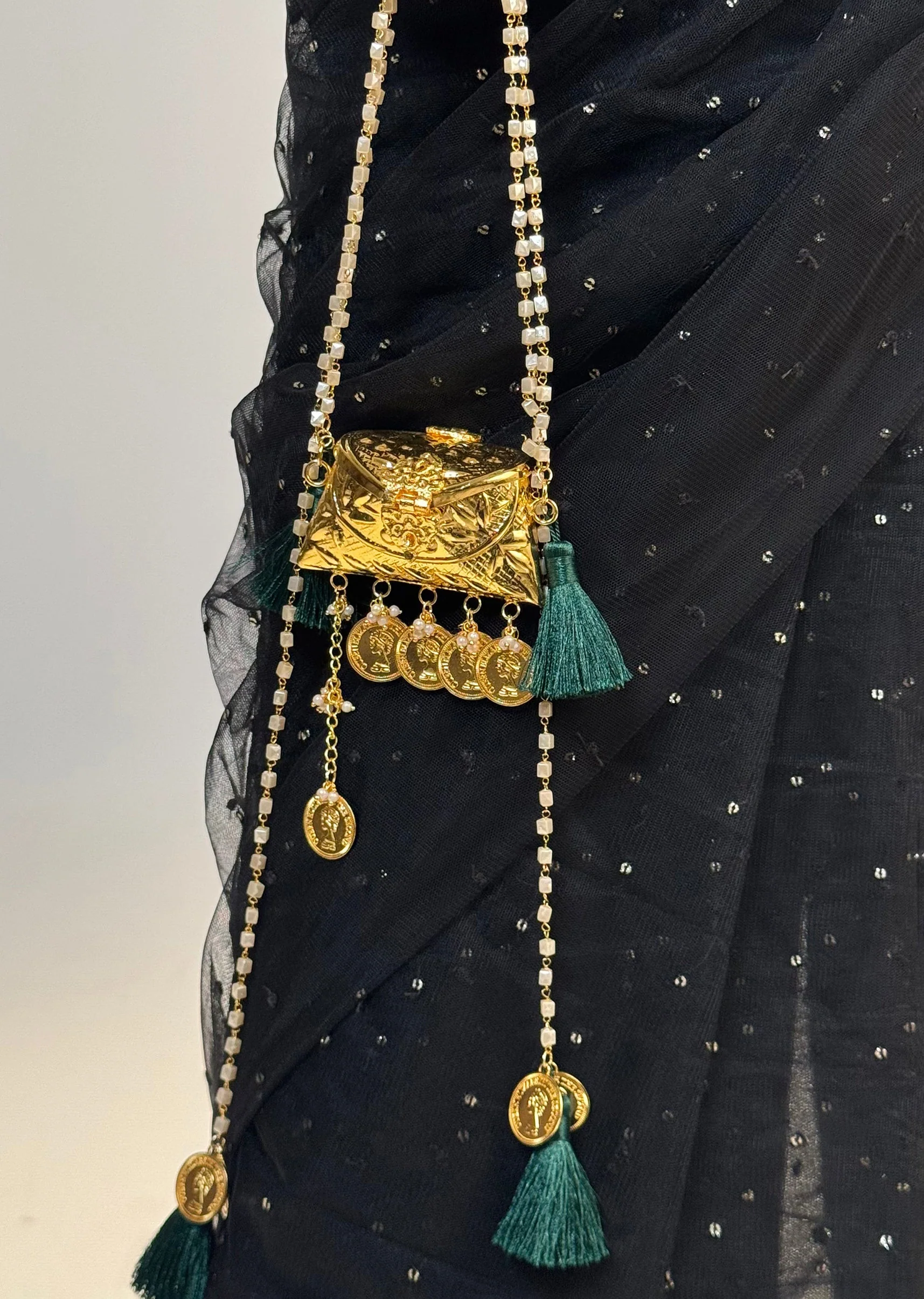 Gold Pearl Coin Charm Potli Bag