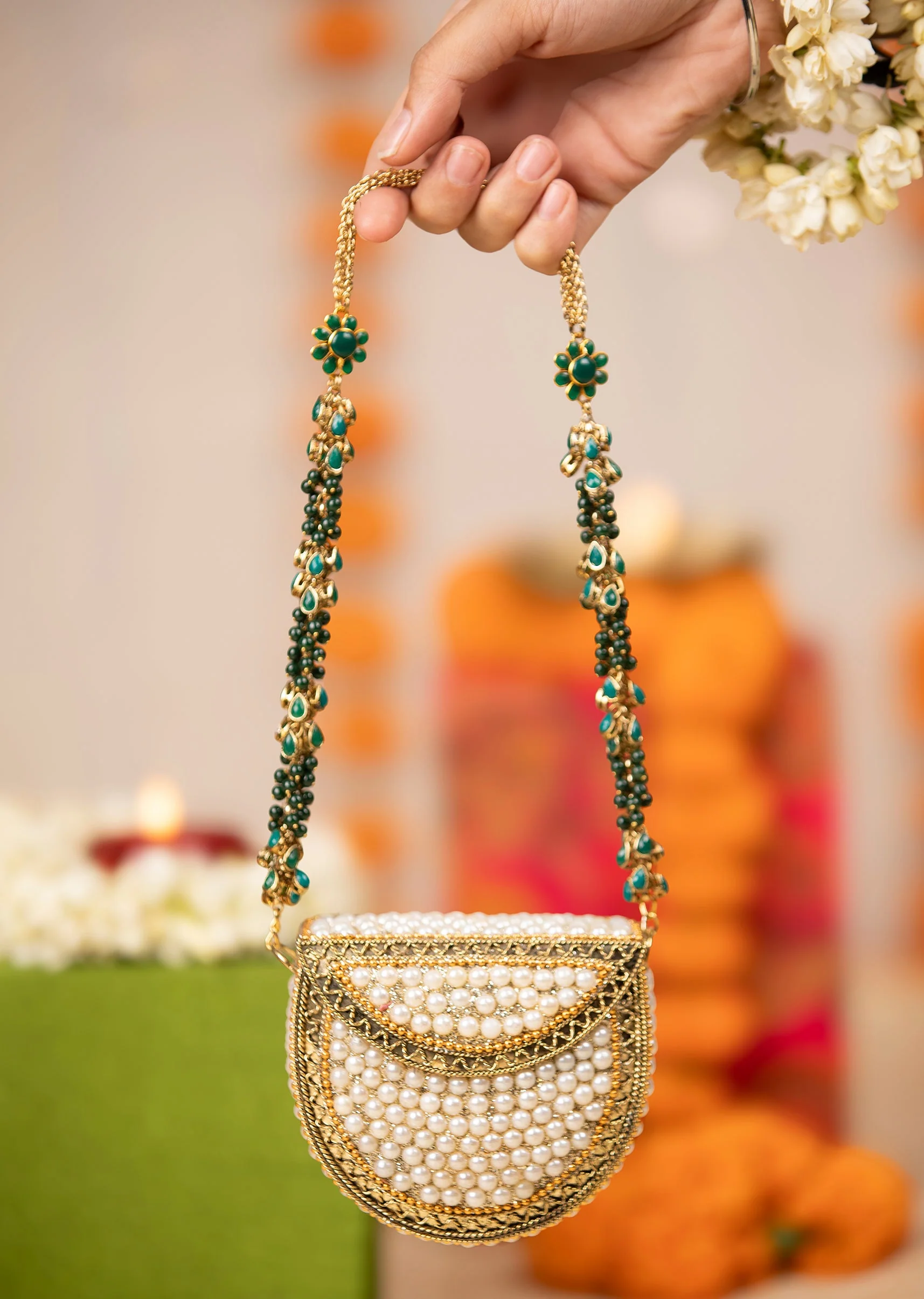 Gold Pearl Embellished Metal Bag