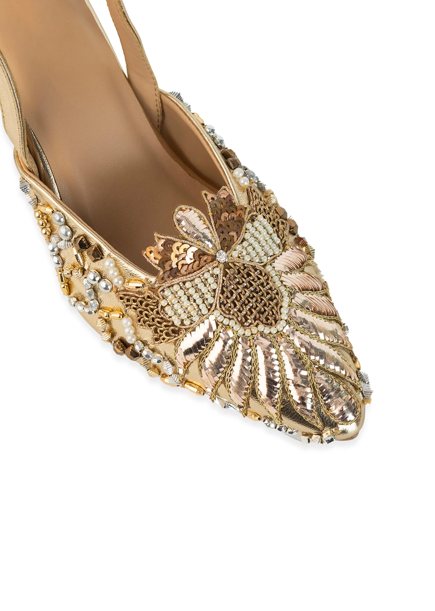 Gold Pearl Embellished Pointed Toe Heels - Image 3