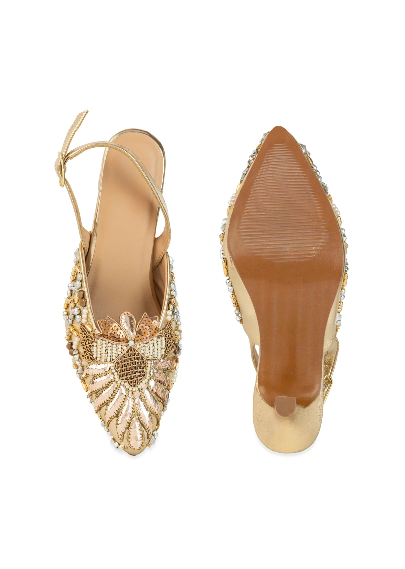Gold Pearl Embellished Pointed Toe Heels - Image 4