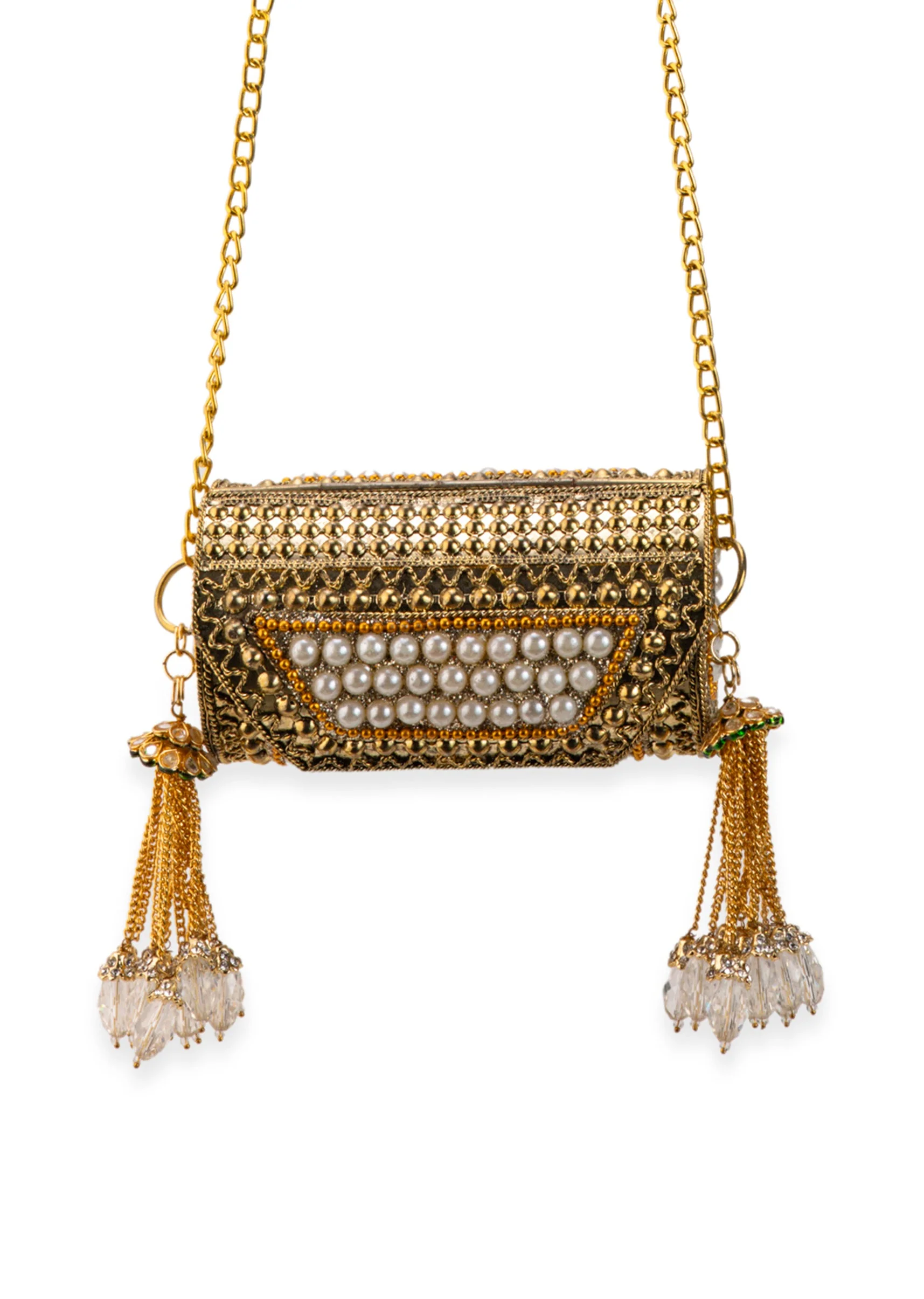 Gold Pearl Encrusted Antique Metal Bag - Image 4